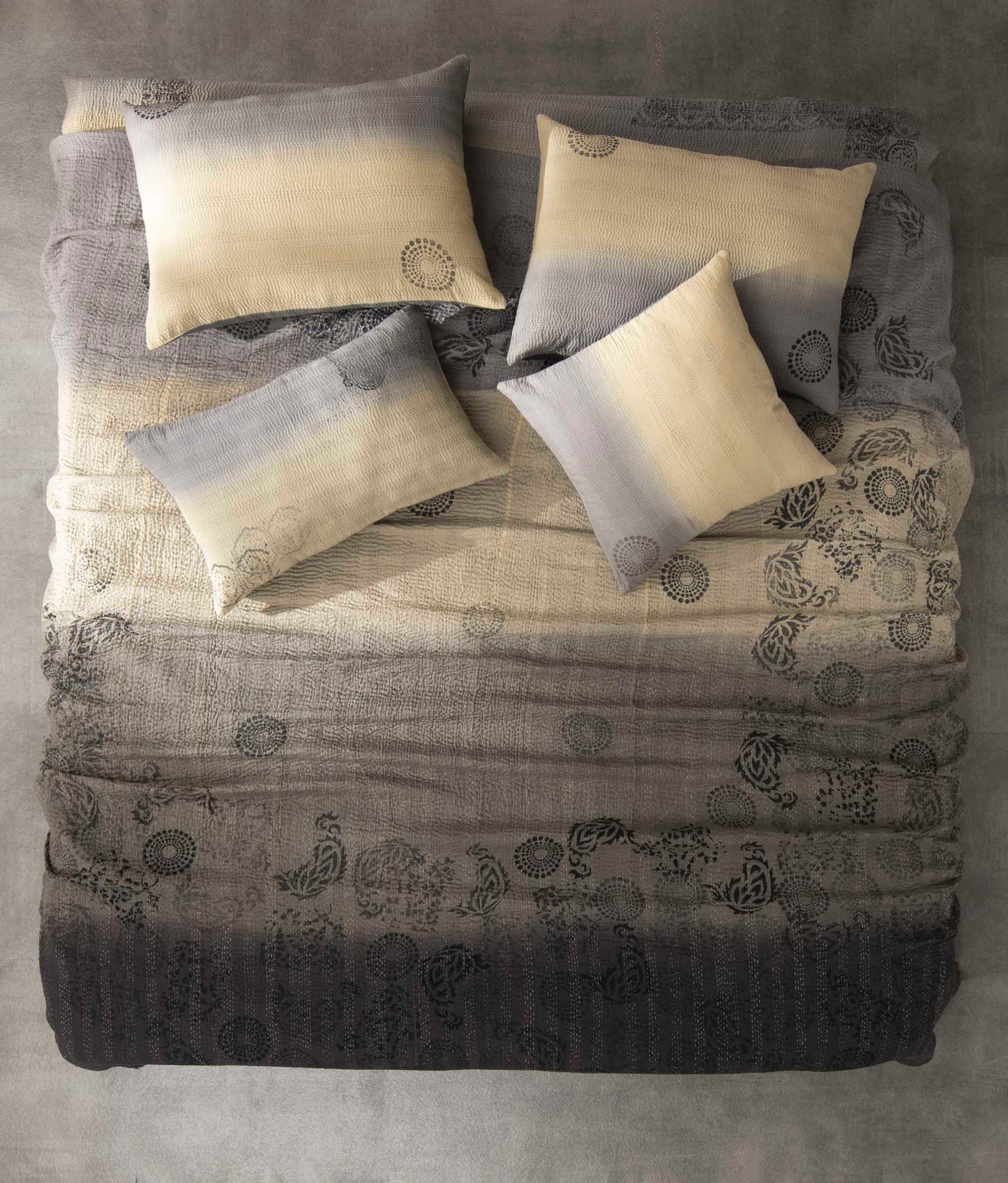 Vintage Fray Patch & Ombre Kantha Bedcover -Yellow Stone-