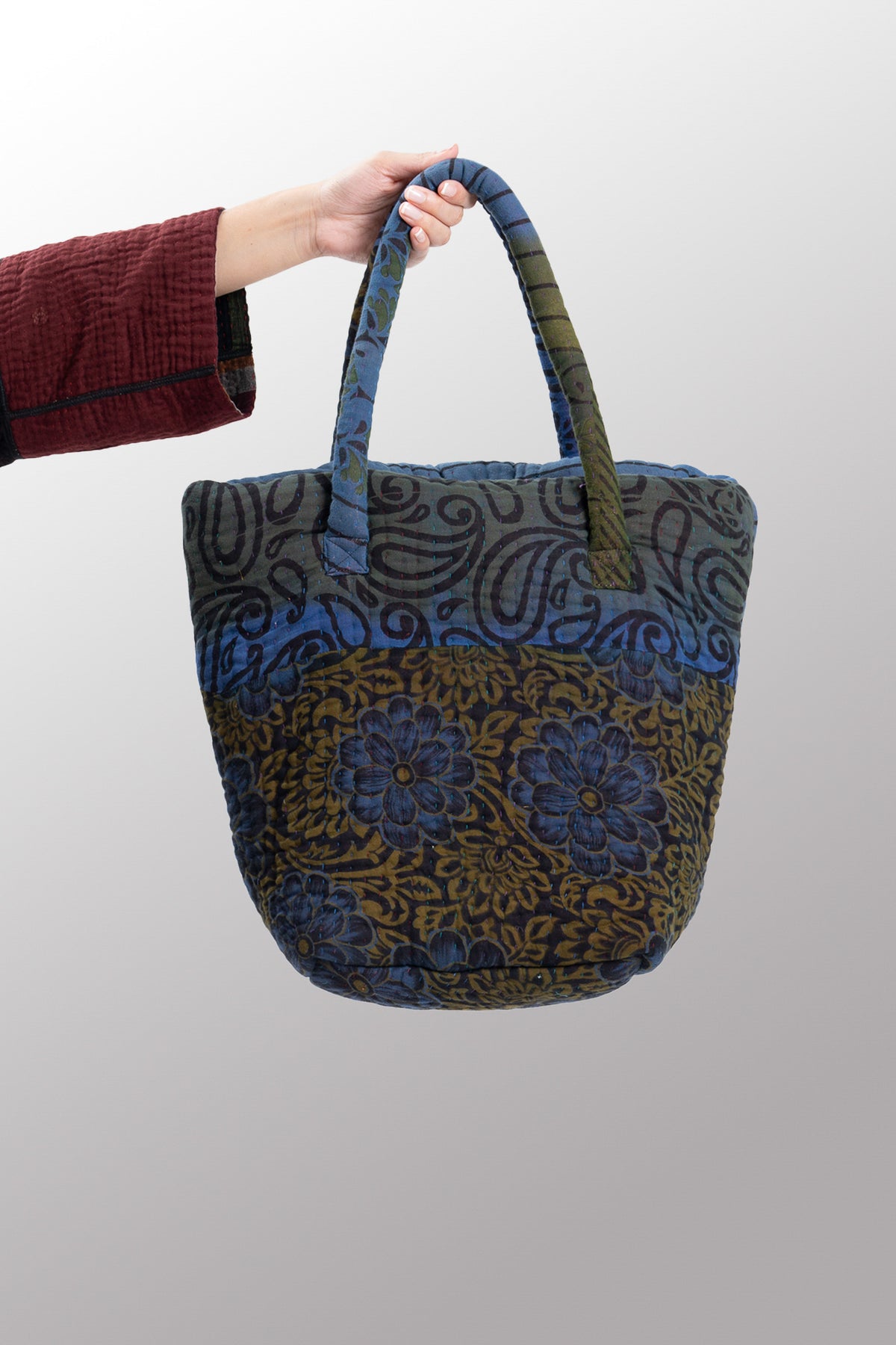 Quilted Overdye Cotton Kantha Bucket Tote #0008