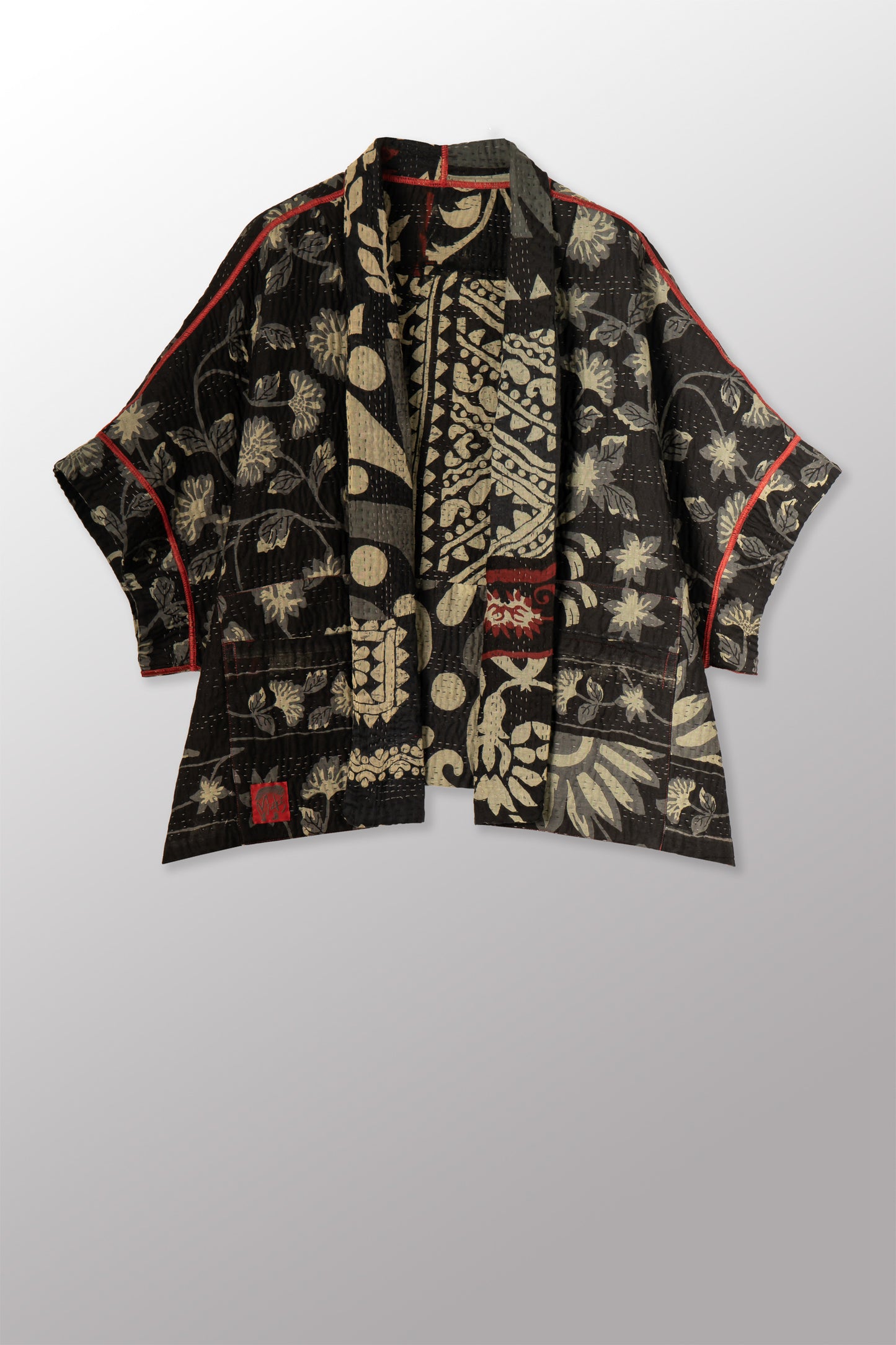 BLACK AND WHITE PRINT PATCH KANTHA MINI PONCHO - pn4060-blk -