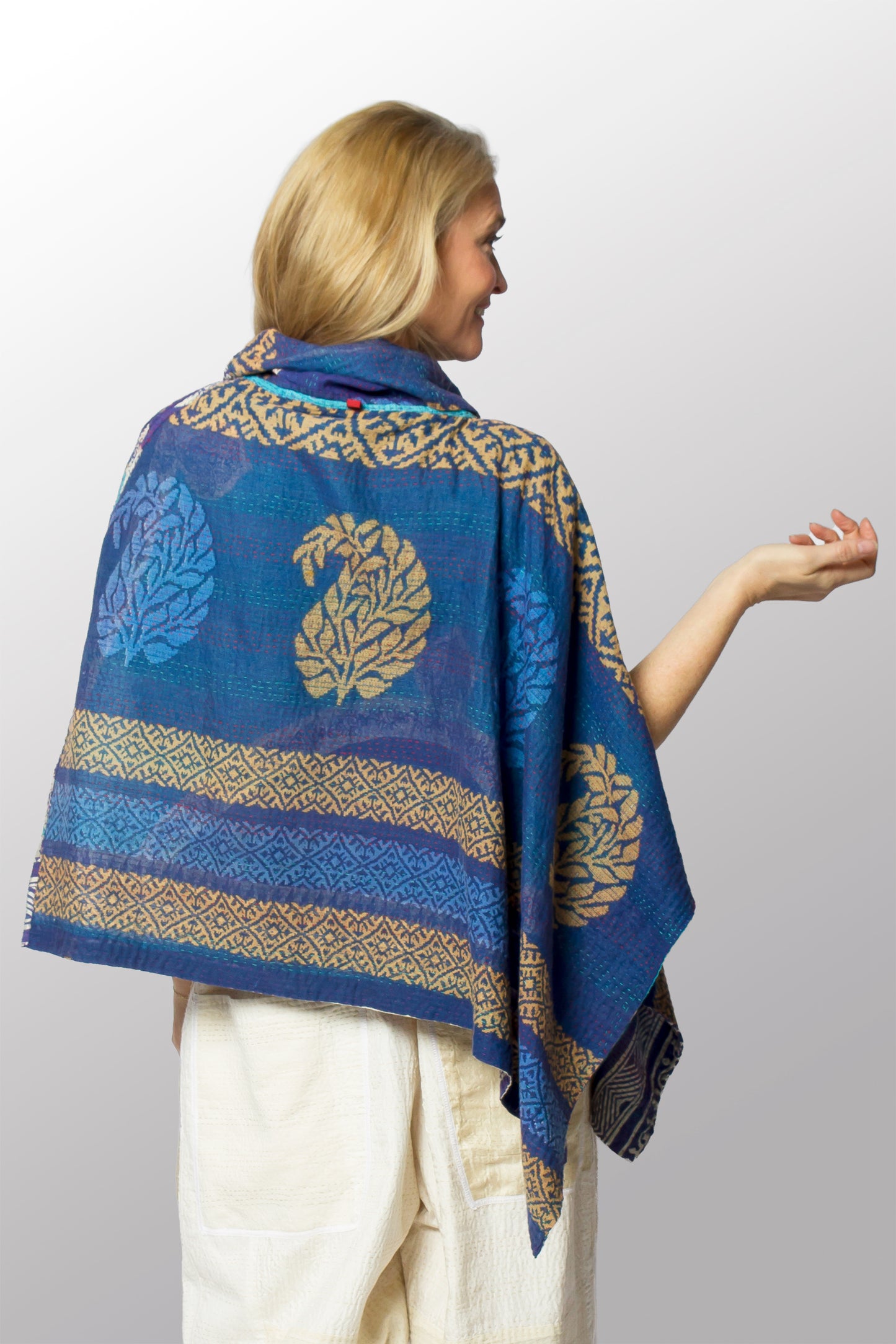 VINTAGE COTTON KANTHA COWL NECK LONG CAPE - cv2842-0001a -