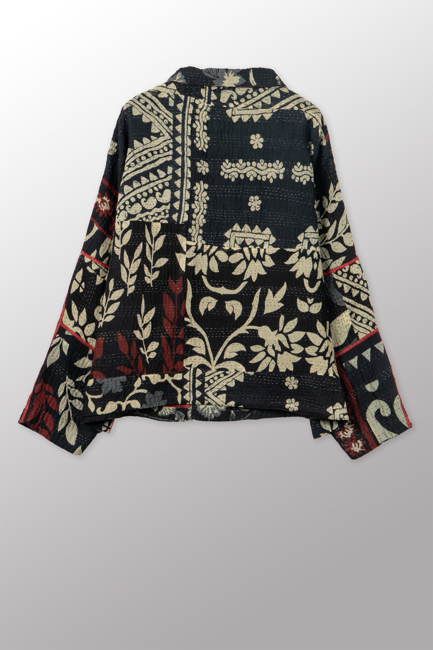 BLACK AND WHITE PRINT PATCH KANTHA HIGH-NECK CROPPED JACKET - pn4095-blk -