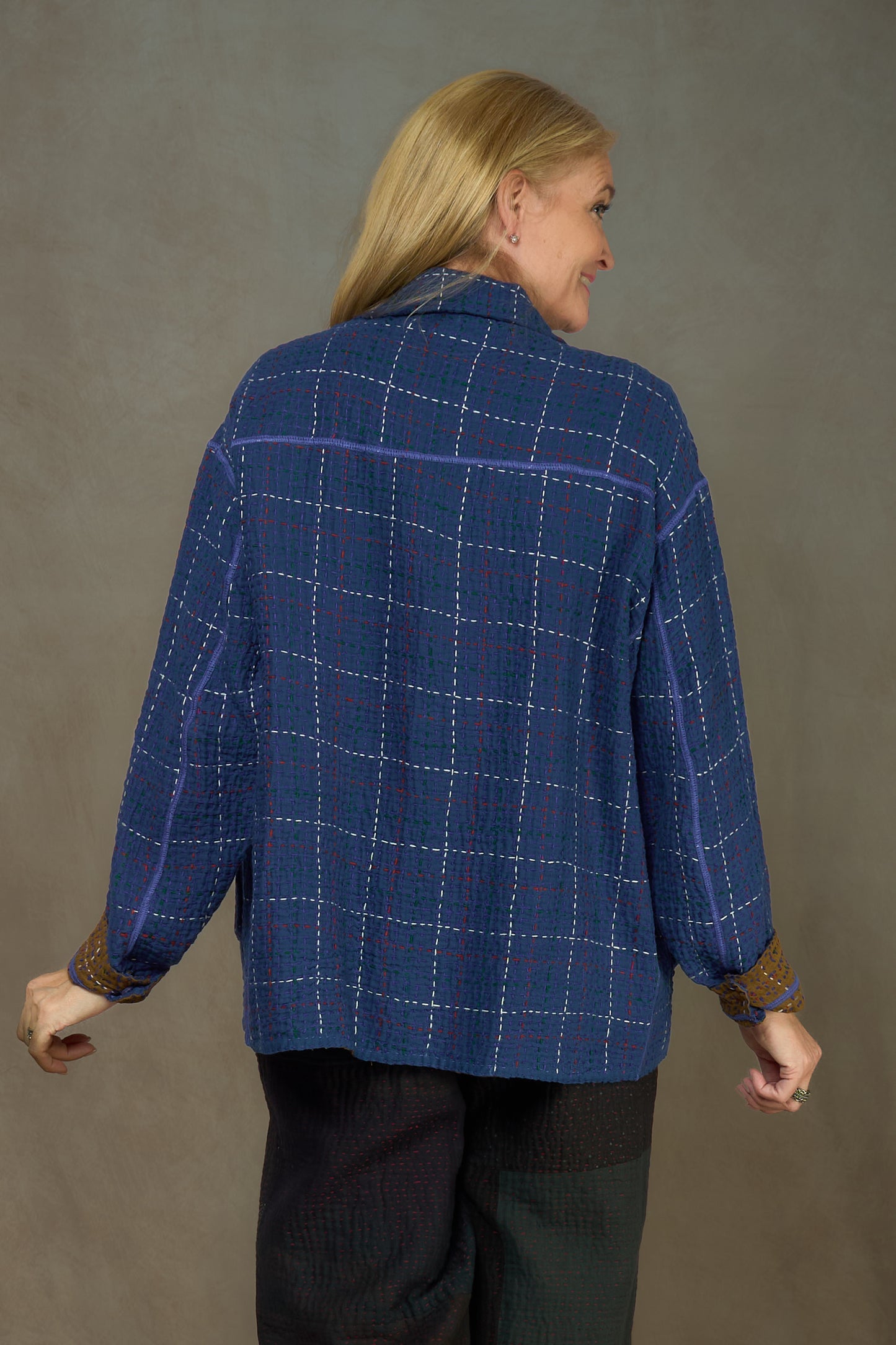 WOOL WAFFLE KANTHA WORKERS JACKET - ww3085-blu -