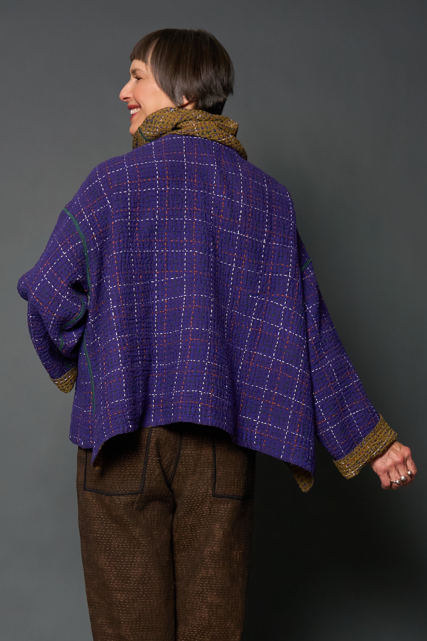 WOOL WAFFLE KANTHA NEW COWL NECK PONCHO - ww3083-prp -