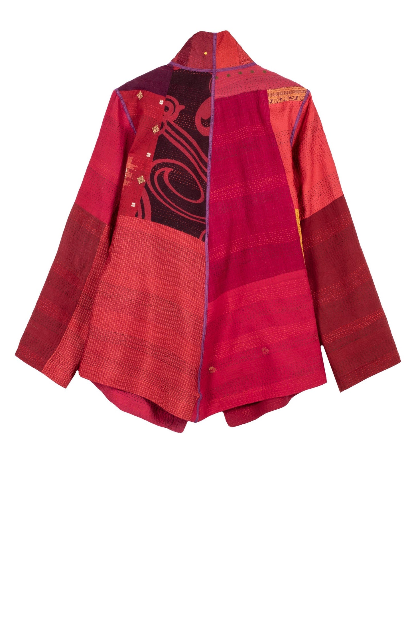 COTTON SILK SW PATCH KANTHA WING COLLAR JACKET - ws2013-red -