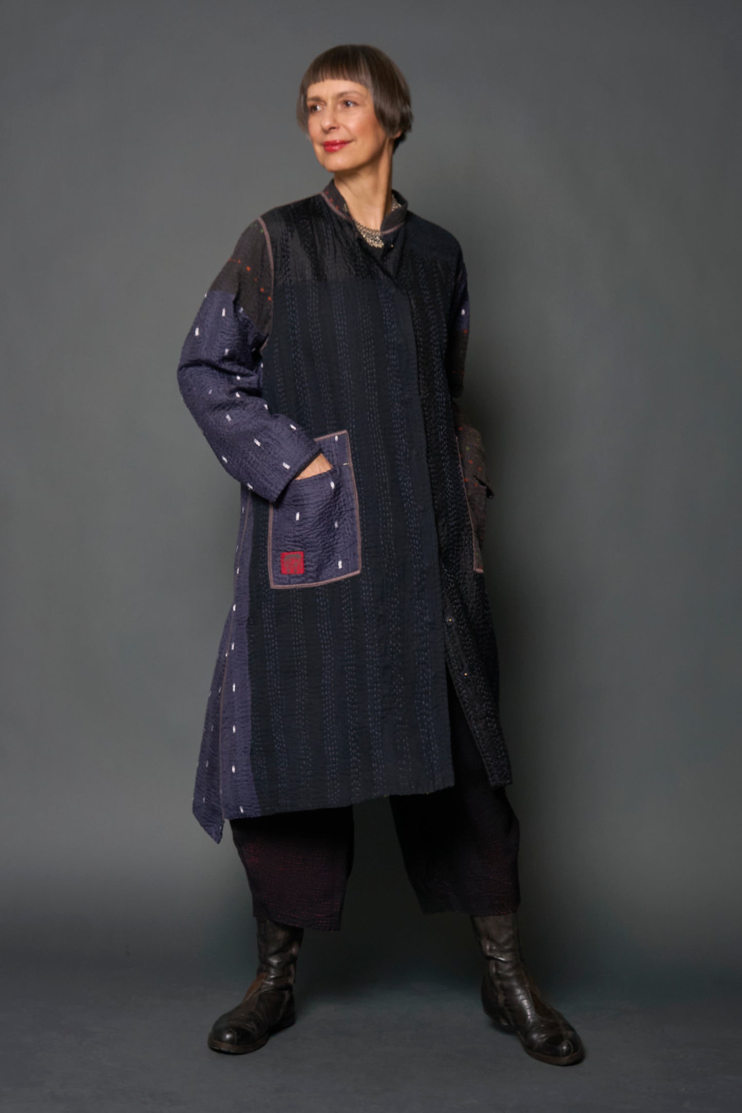 JEWEL WOVEN WITH VERTICAL PATCH KANTHA KAFTAN COAT - jv4343-blk -