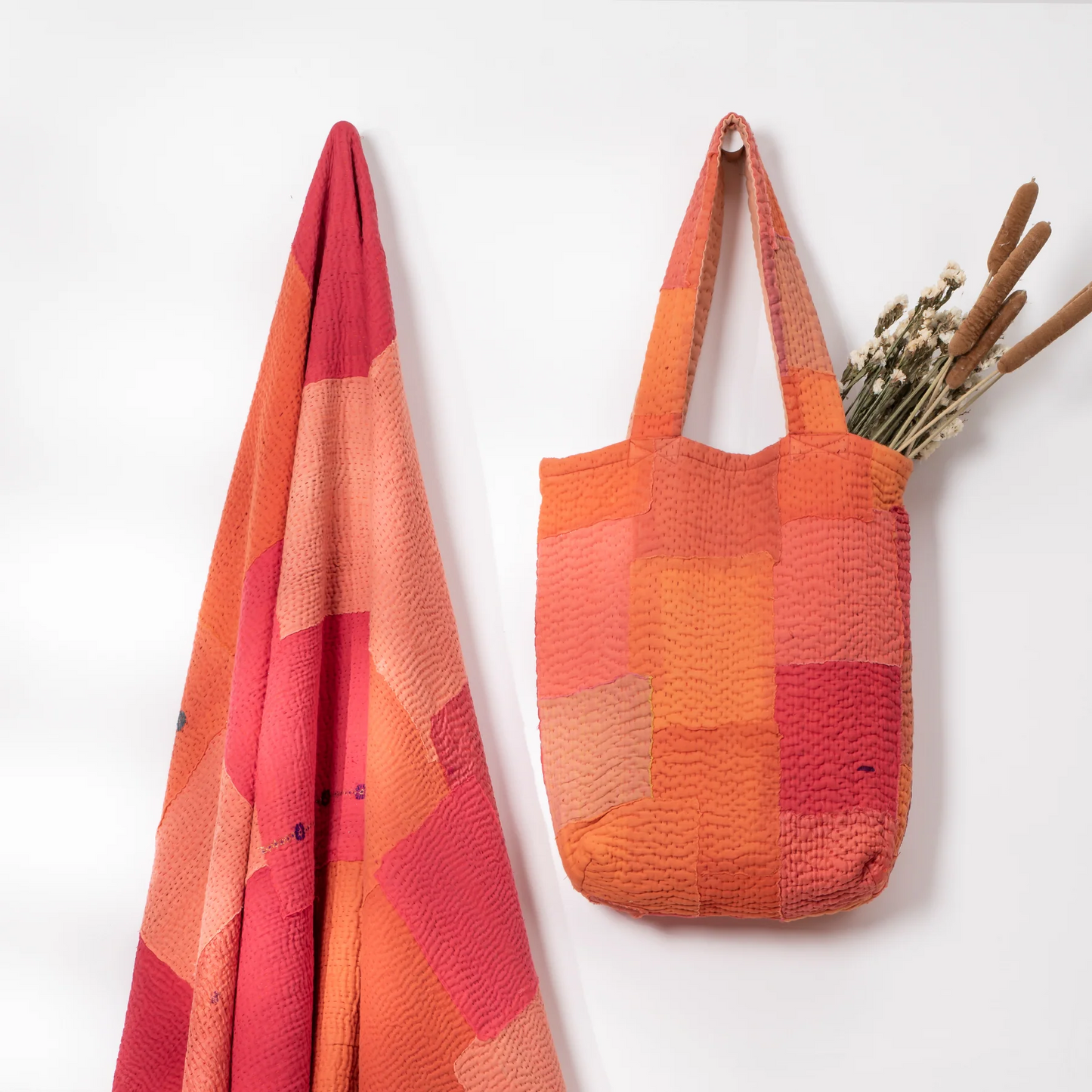 Mosaic Fray Handmade Vintage Kantha Tote Bag -Carrot-