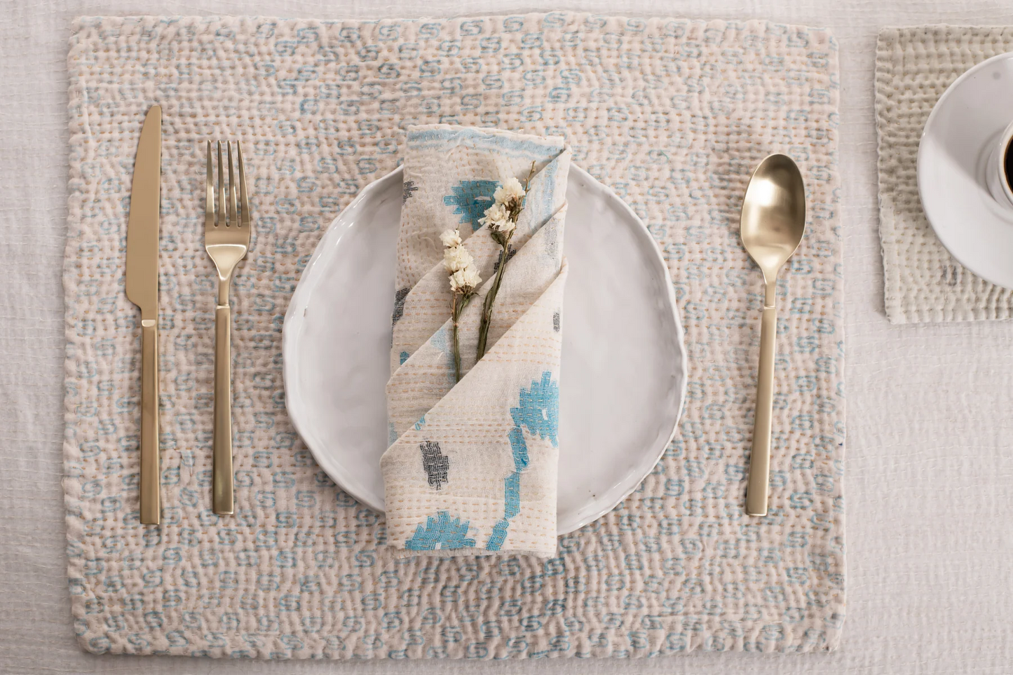 Mosaic Fray Handmade Vintage Kantha Placemat -Cauliflower (SET OF 2)