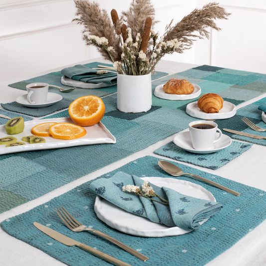 Mosaic Fray Handmade Vintage Kantha Napkin -Cornflower -