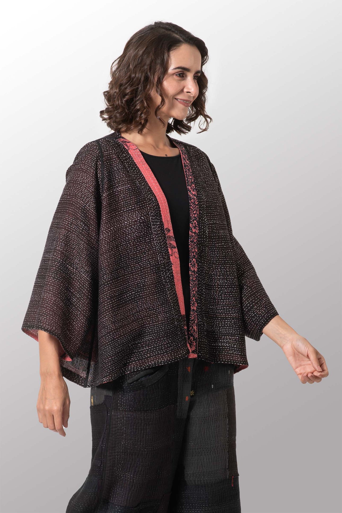 COTTON PAISLEY KANTHA BELL SHAPE JACKET - cp2048-pik -