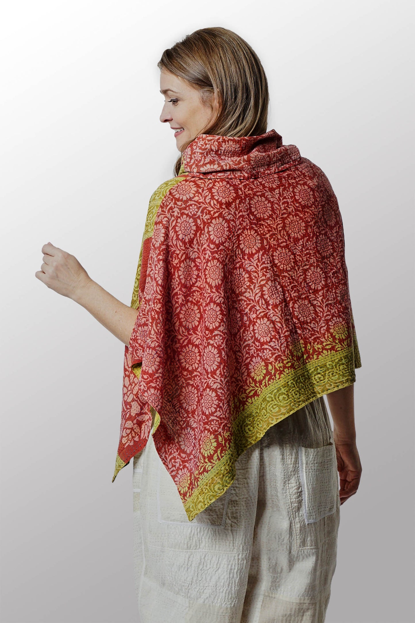 VINTAGE COTTON KANTHA COWL NECK WIDE CAPE - cv2843-brn -