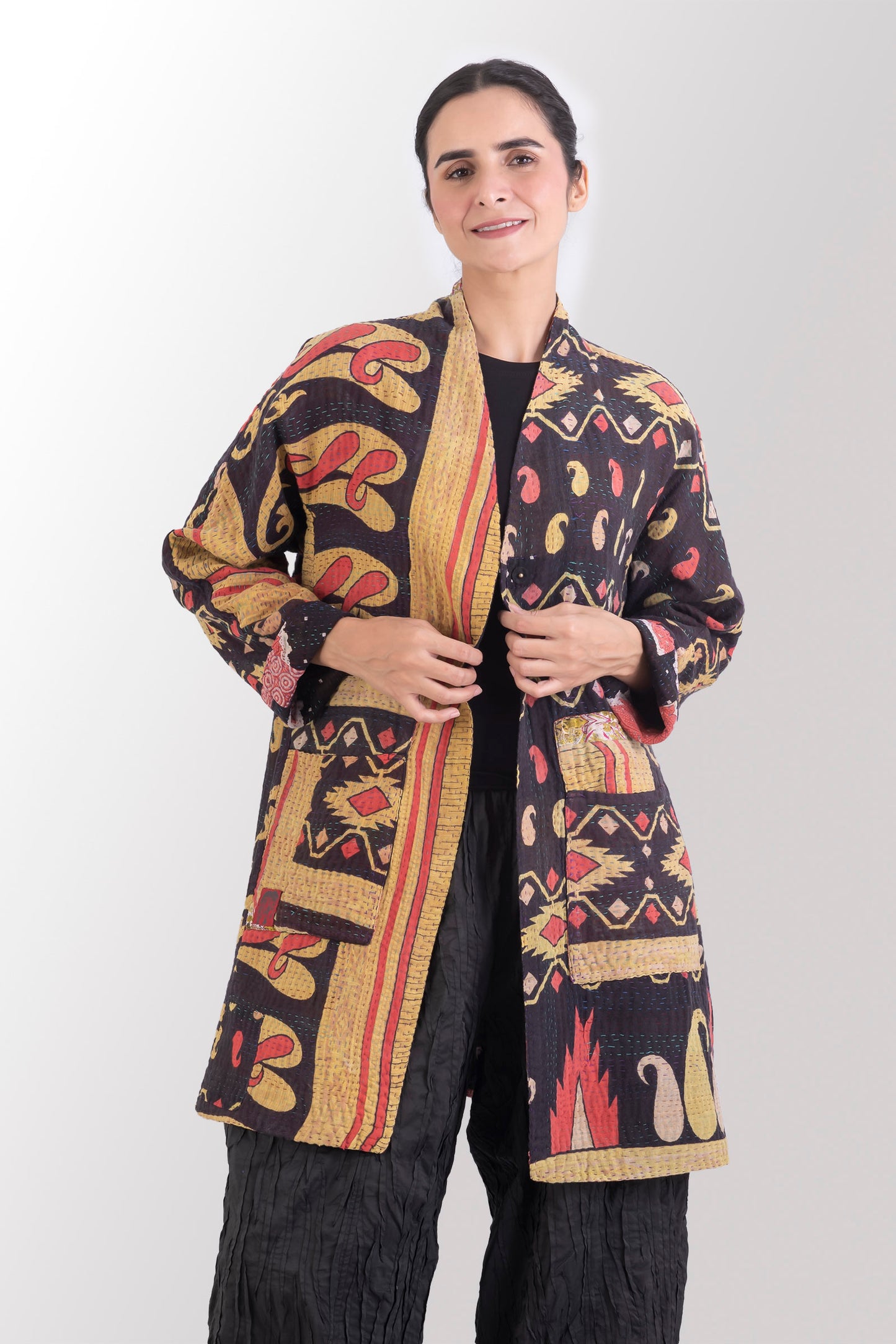 VINTAGE COTTON KANTHA HIGH-NECK TOPPER - cv4045-0043a -