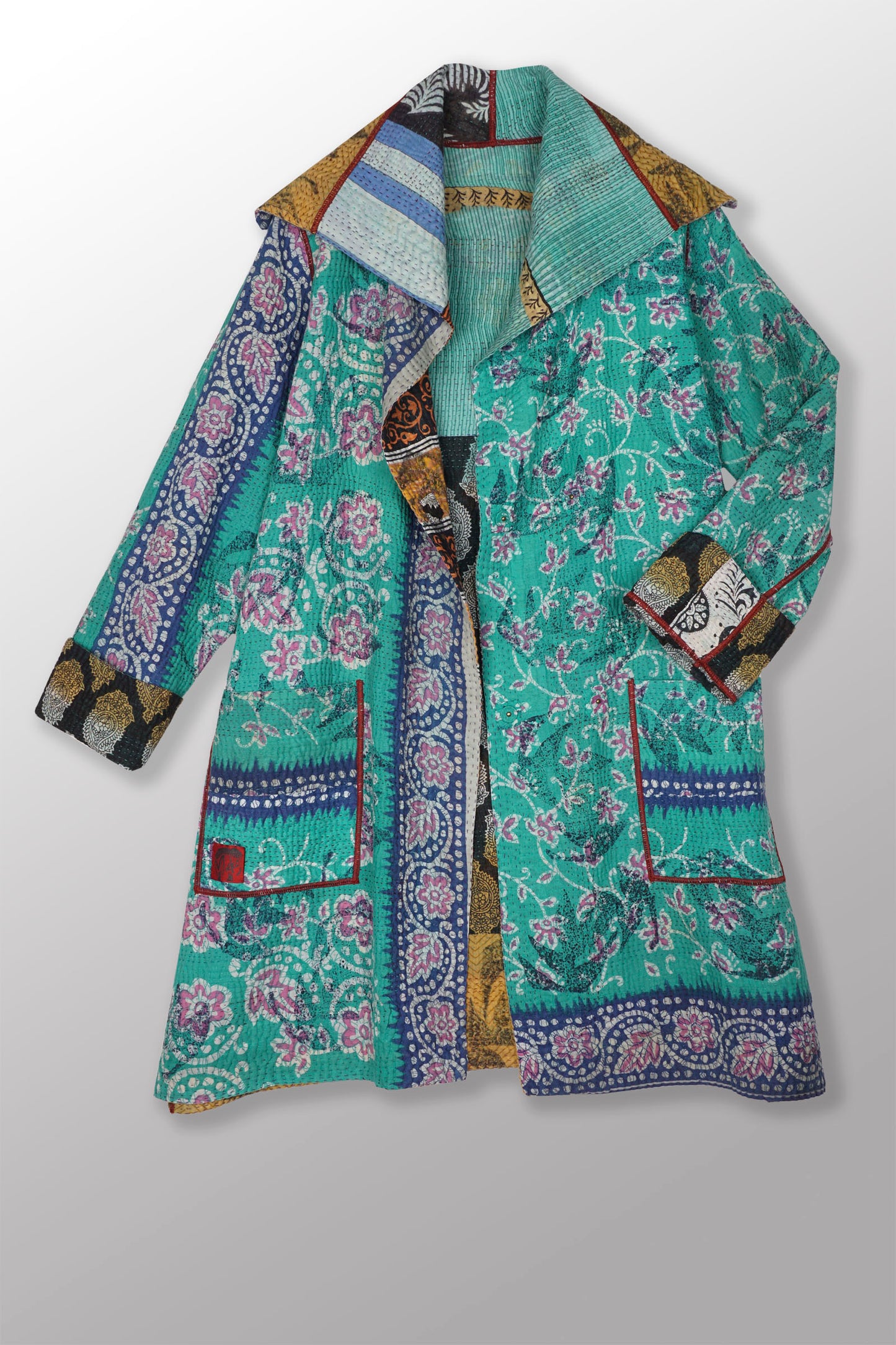 VINTAGE COTTON KANTHA POCKET MEDIUM COAT - cv4316-0033a -