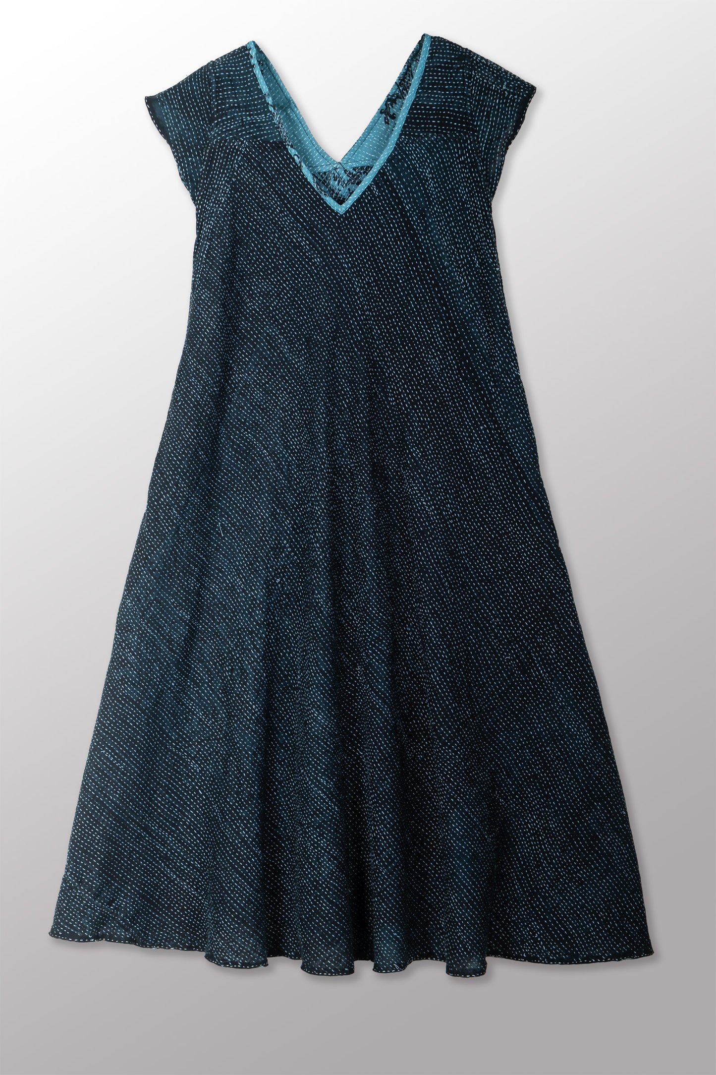 OVERDYED COTTON PAISLEY KANTHA CAP SLV. FLARE DRESS - ov-cp2425-blu -