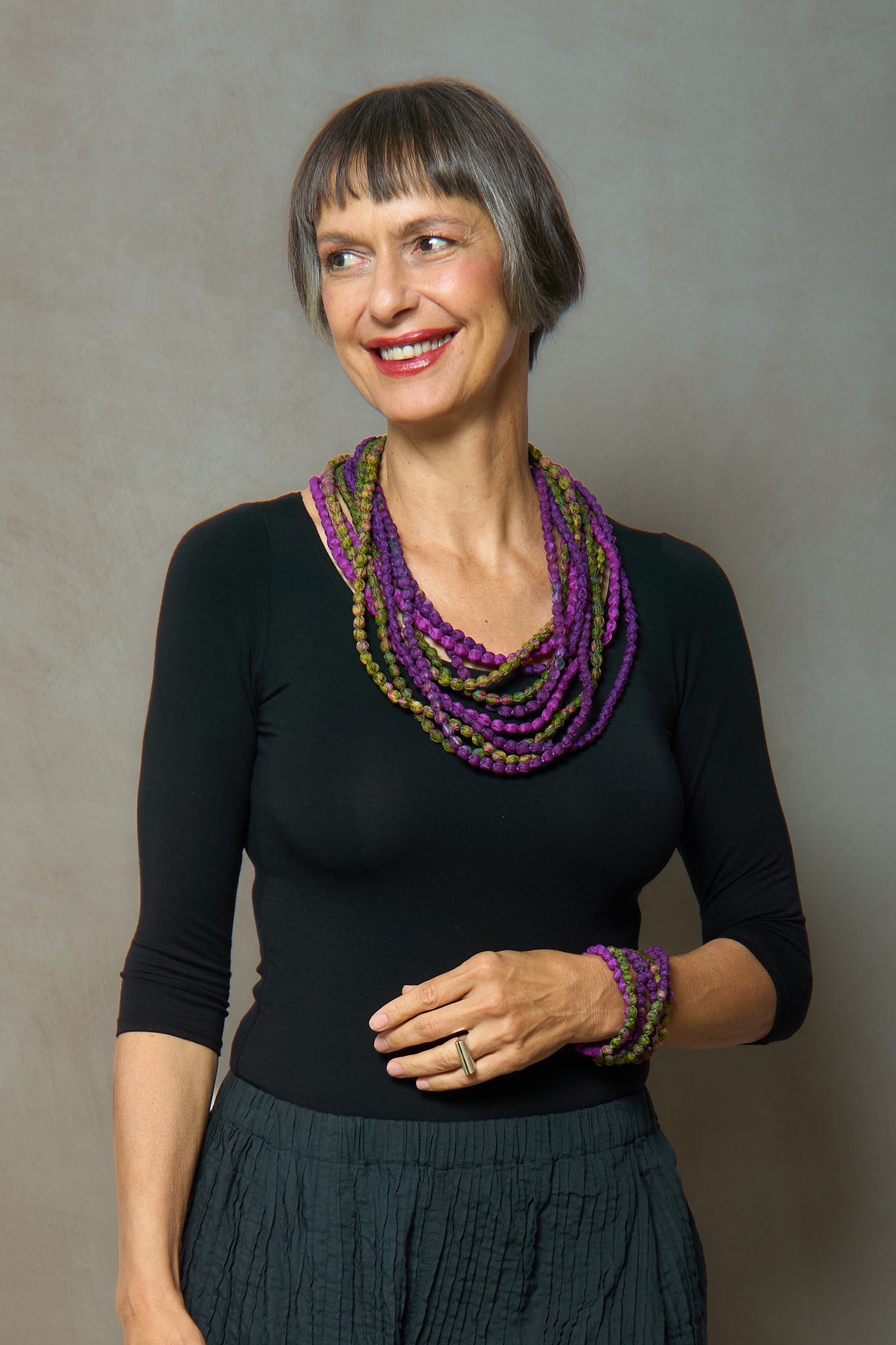 VINTAGE SILK KANTHA 5 STRAND NECKLACE - sv2730-prp -