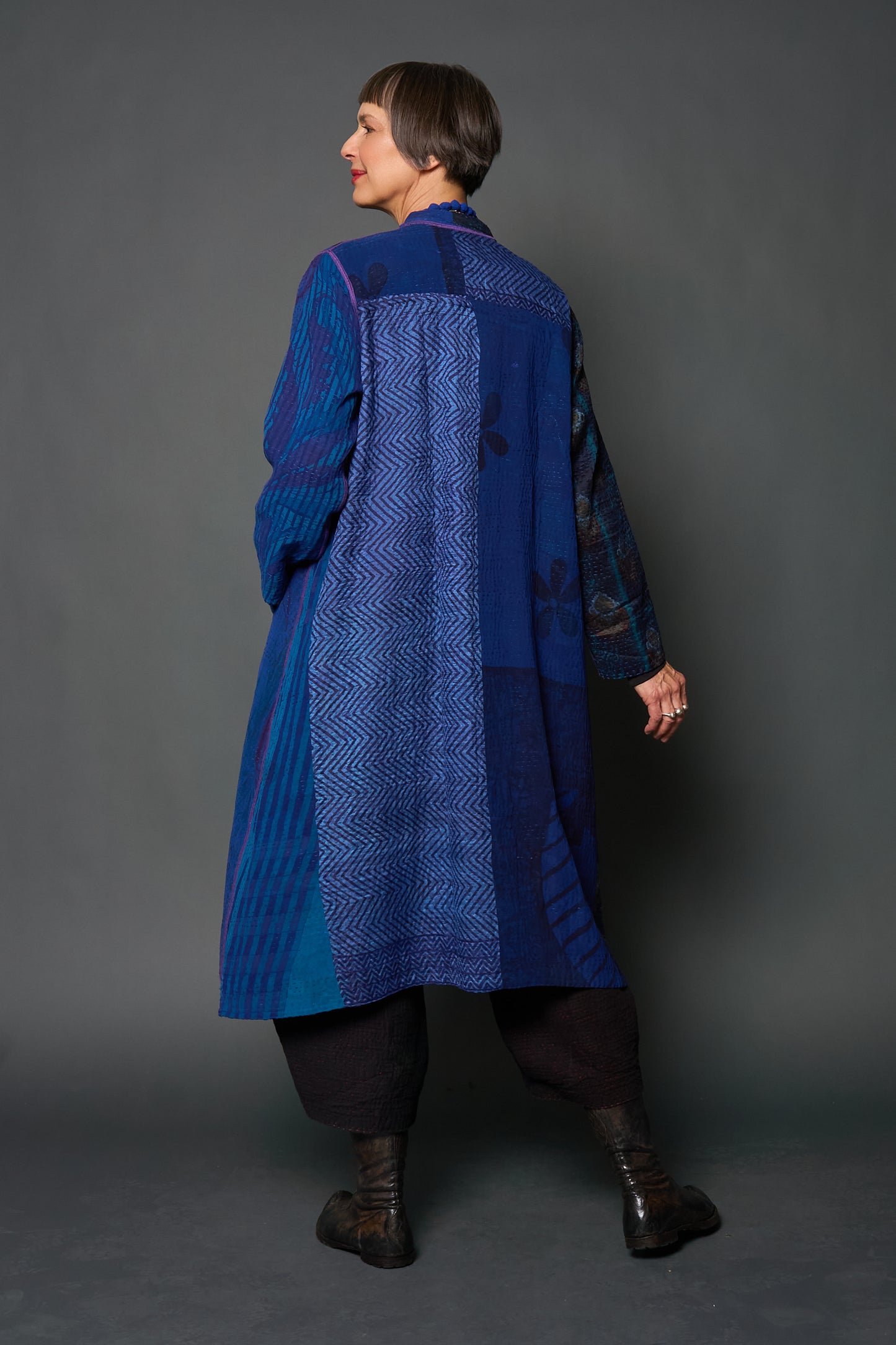 JACQUARD SILK KANTHA KAFTAN COAT - js4343-nvy -