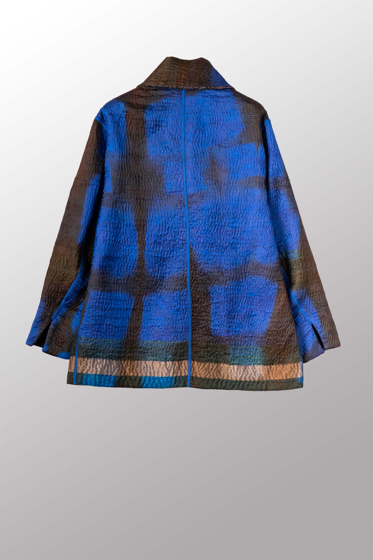 VINTAGE JACQUARD CLAMP DYE WITH PRINTED SILK KANTHA PEA COAT - jk4349-0001m -