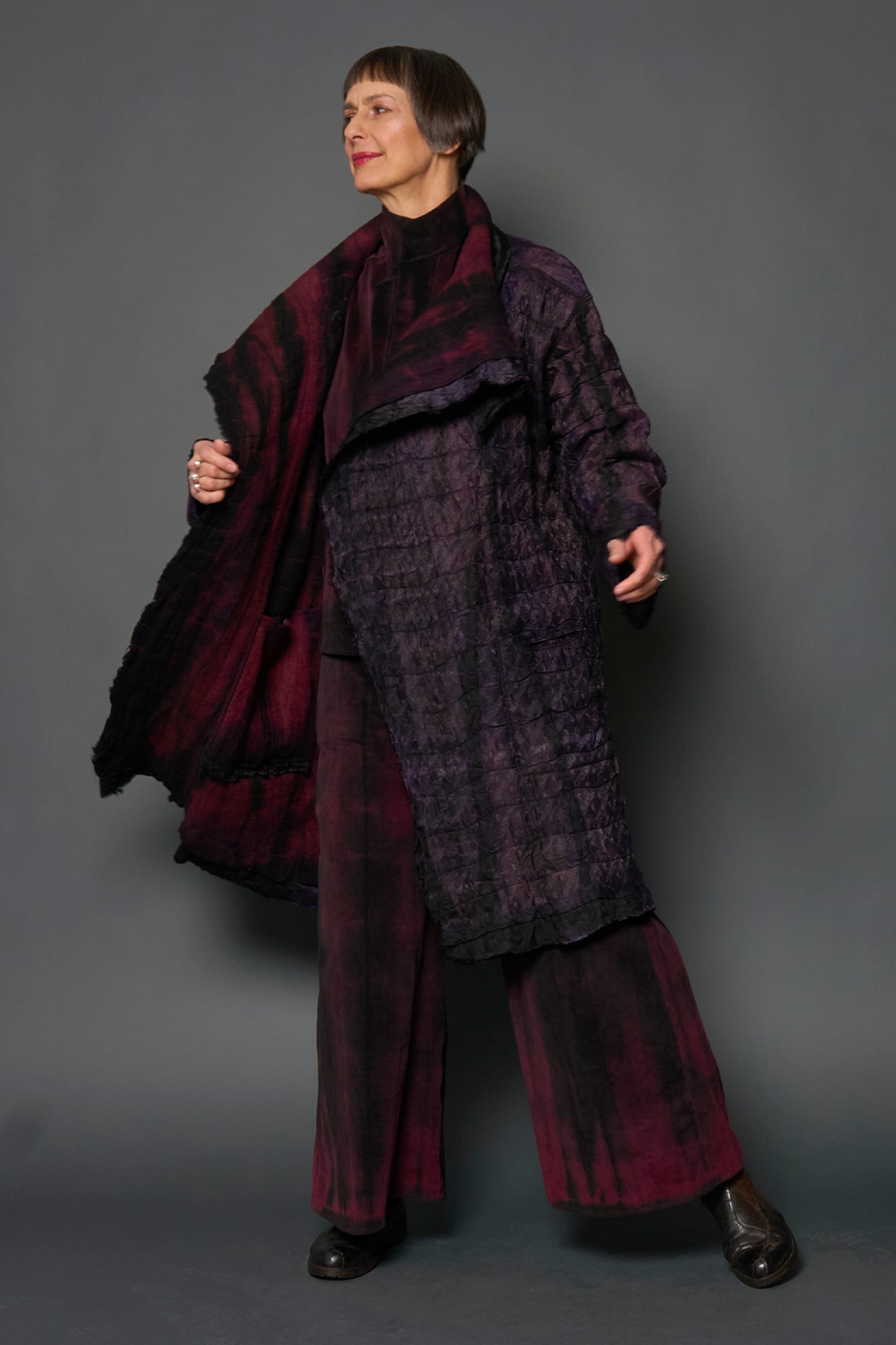 SHIBORI TIE DYE BOILED WOOL WITH JACQUARD PETAL COLLAR COAT - tb2354-pik -