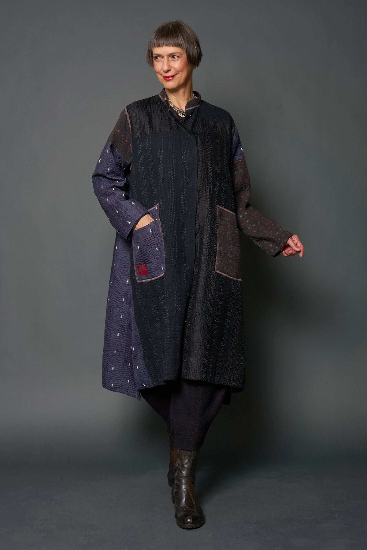 JEWEL WOVEN WITH VERTICAL PATCH KANTHA KAFTAN COAT - jv4343-blk -