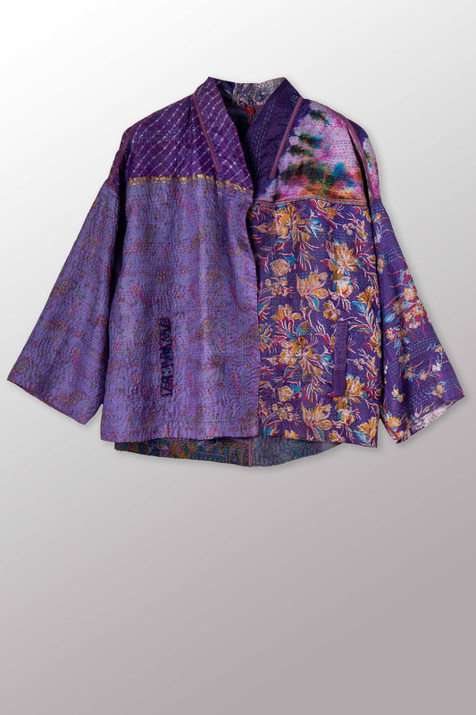 VINTAGE SILK KANTHA STAND COLLAR CROPPED JKT - sv2034-0015a -