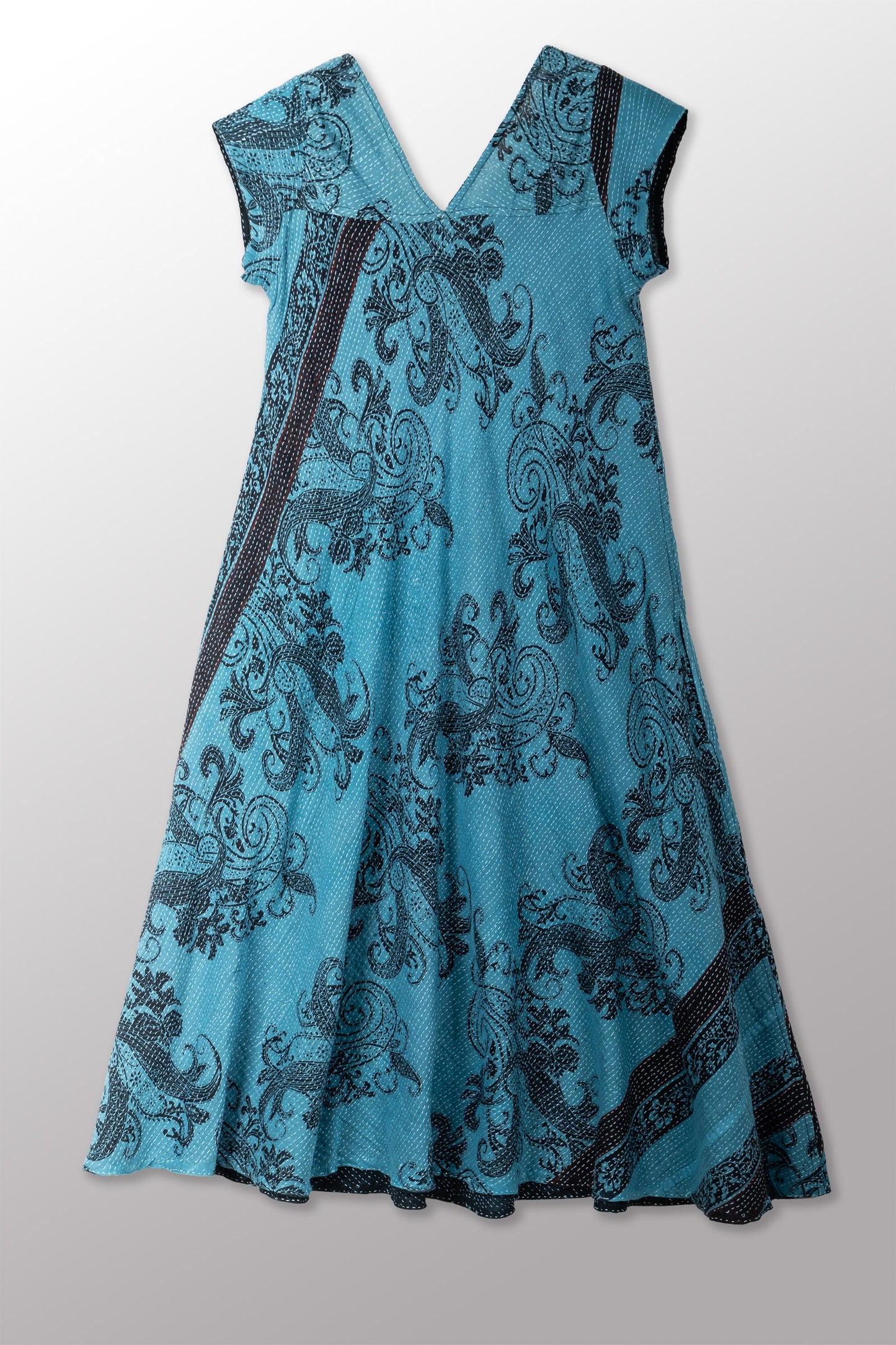 OVERDYED COTTON PAISLEY KANTHA CAP SLV. FLARE DRESS - ov-cp2425-blu -