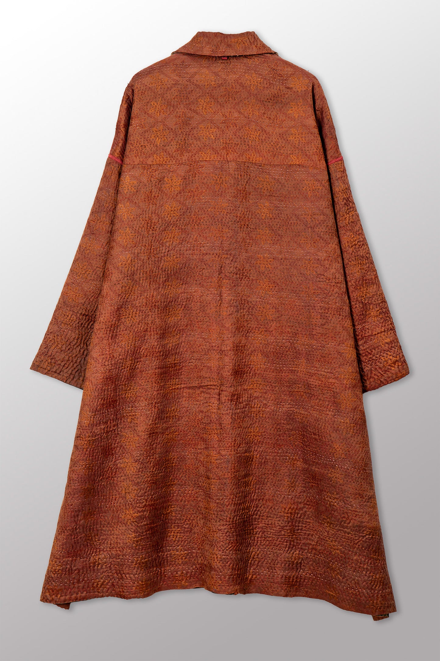 VINTAGE PRINTED SILK CLAMP DYE WITH JACQUARD KANTHA NEW OVERSIZED COAT - sk4342-0003a -