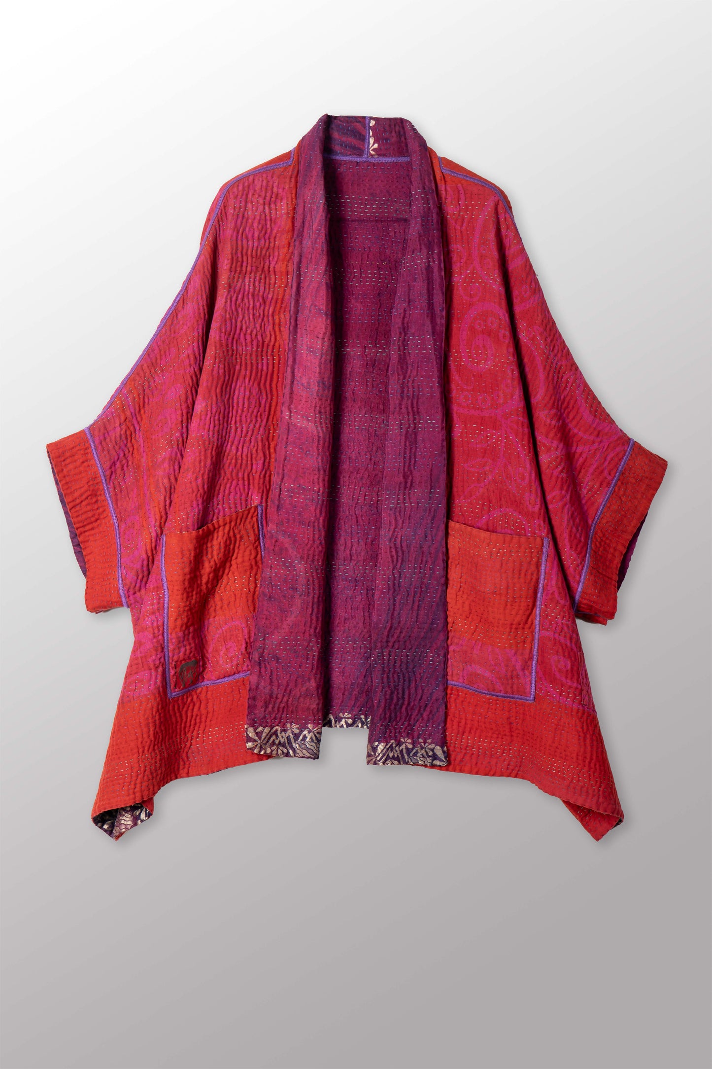 VINTAGE SILK GEORGETTE COTTON KANTHA DOUBLE COLLAR PONCHO - gc4323-0001a -