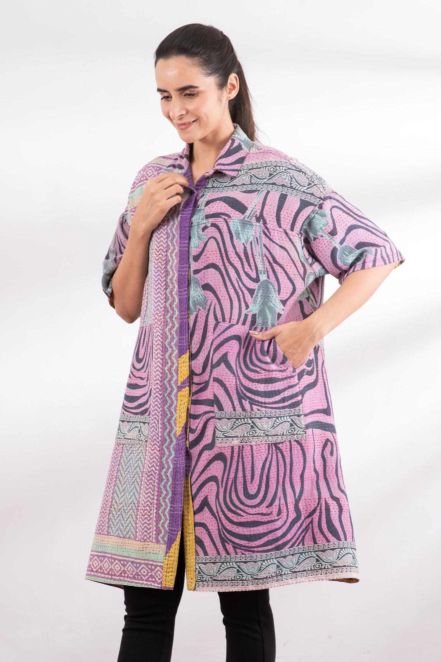 VINTAGE COTTON KANTHA HALF SLV. SHIRT DRESS - cv2429-0004a -
