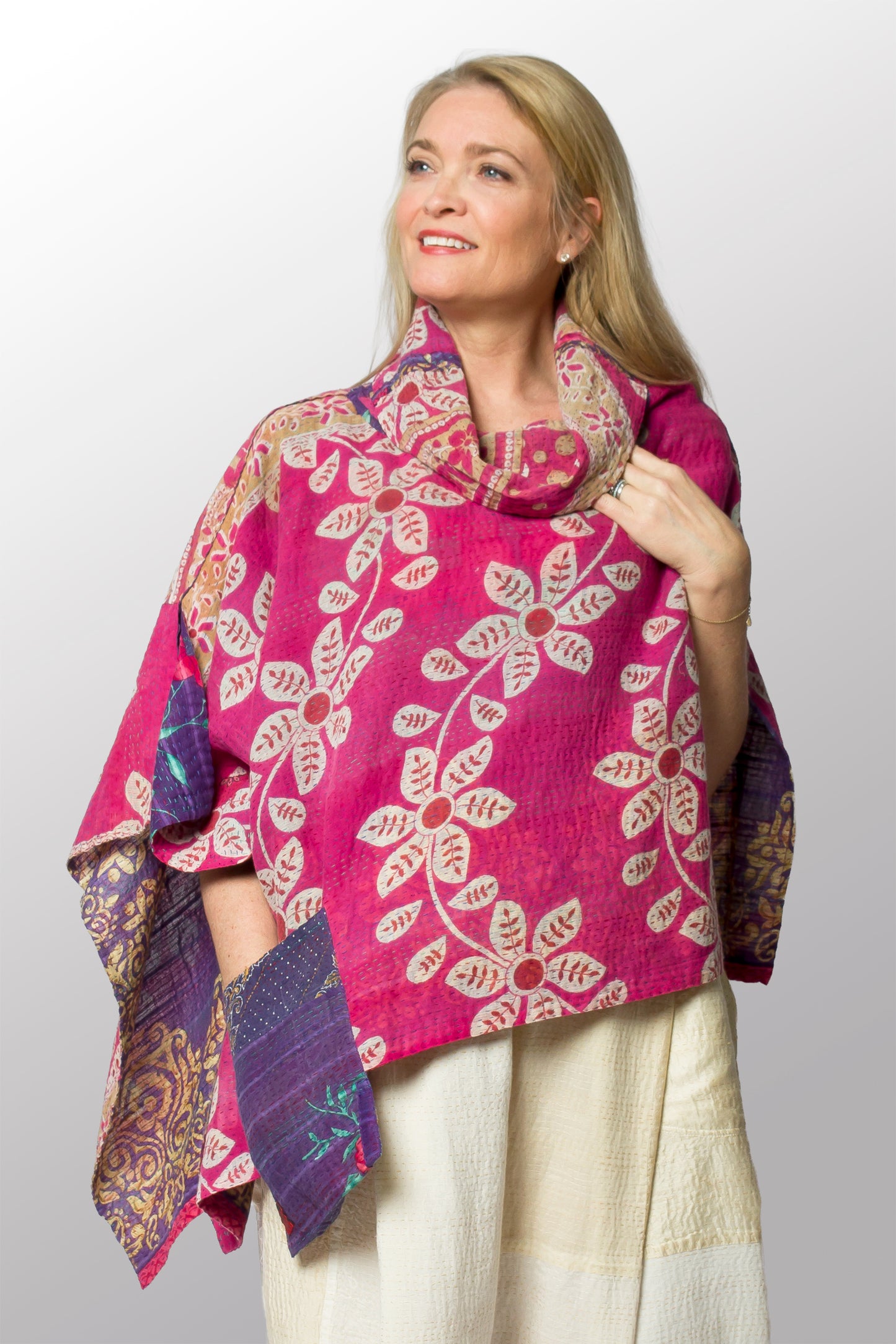 VINTAGE COTTON KANTHA COWL NECK LONG CAPE - cv2842-0004a -