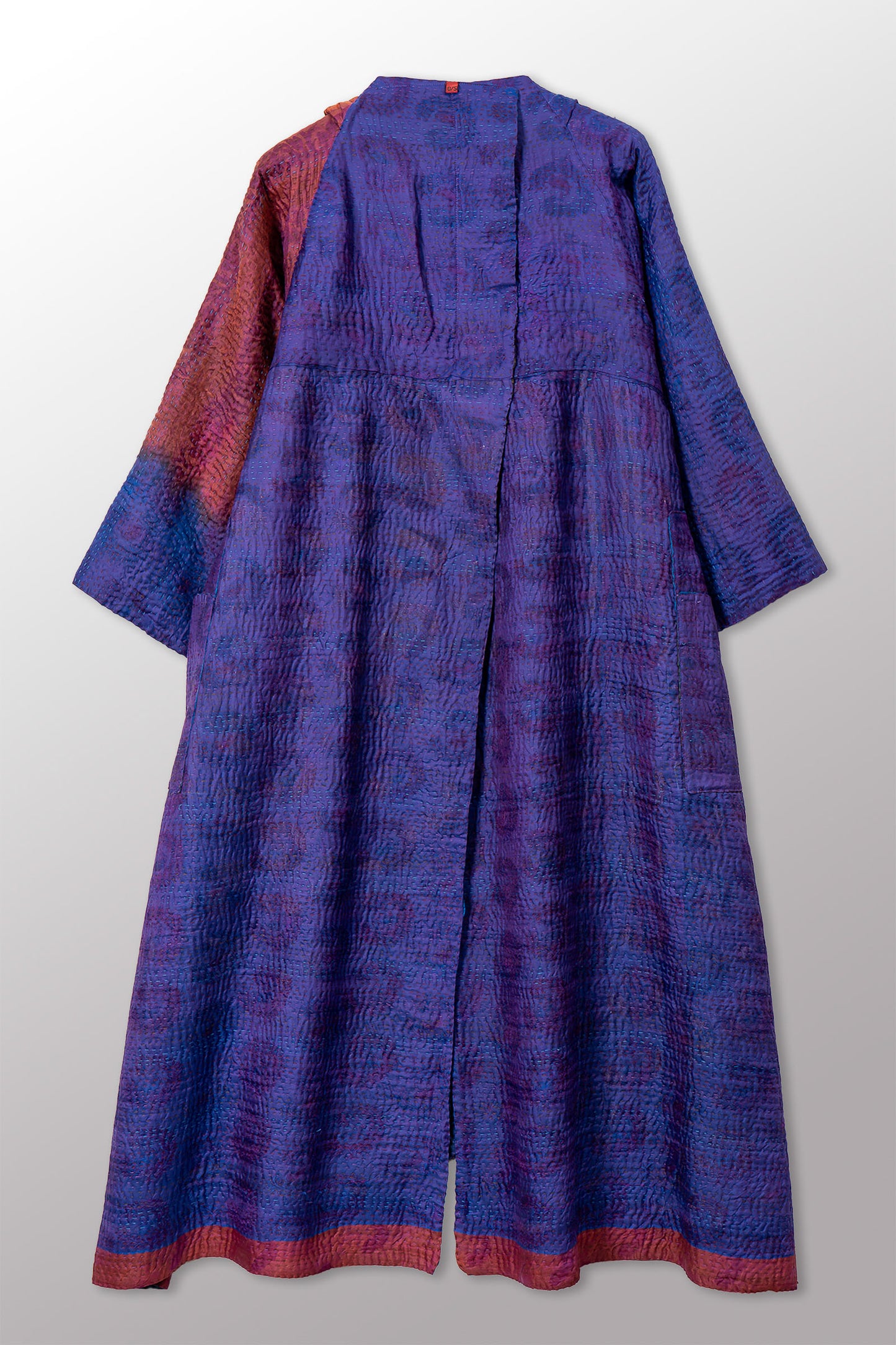 VINTAGE PRINTED SILK CLAMP DYE WITH JACQUARD KANTHA KIMONO MAXI - sk4318-0001a -