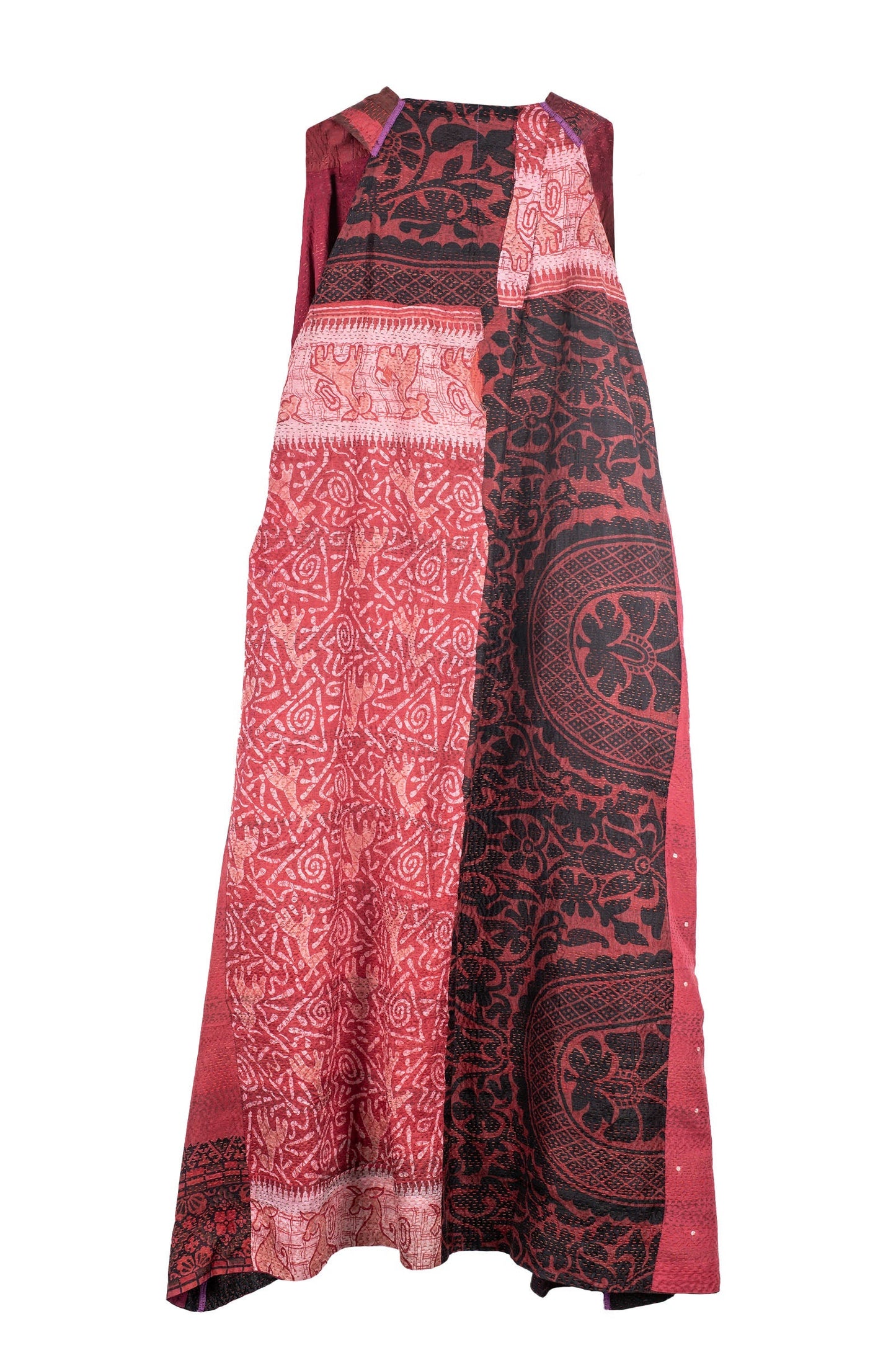 VINTAGE SILK PATCH KANTHA BACK PLEATED VEST MAXI - vp2222-red -