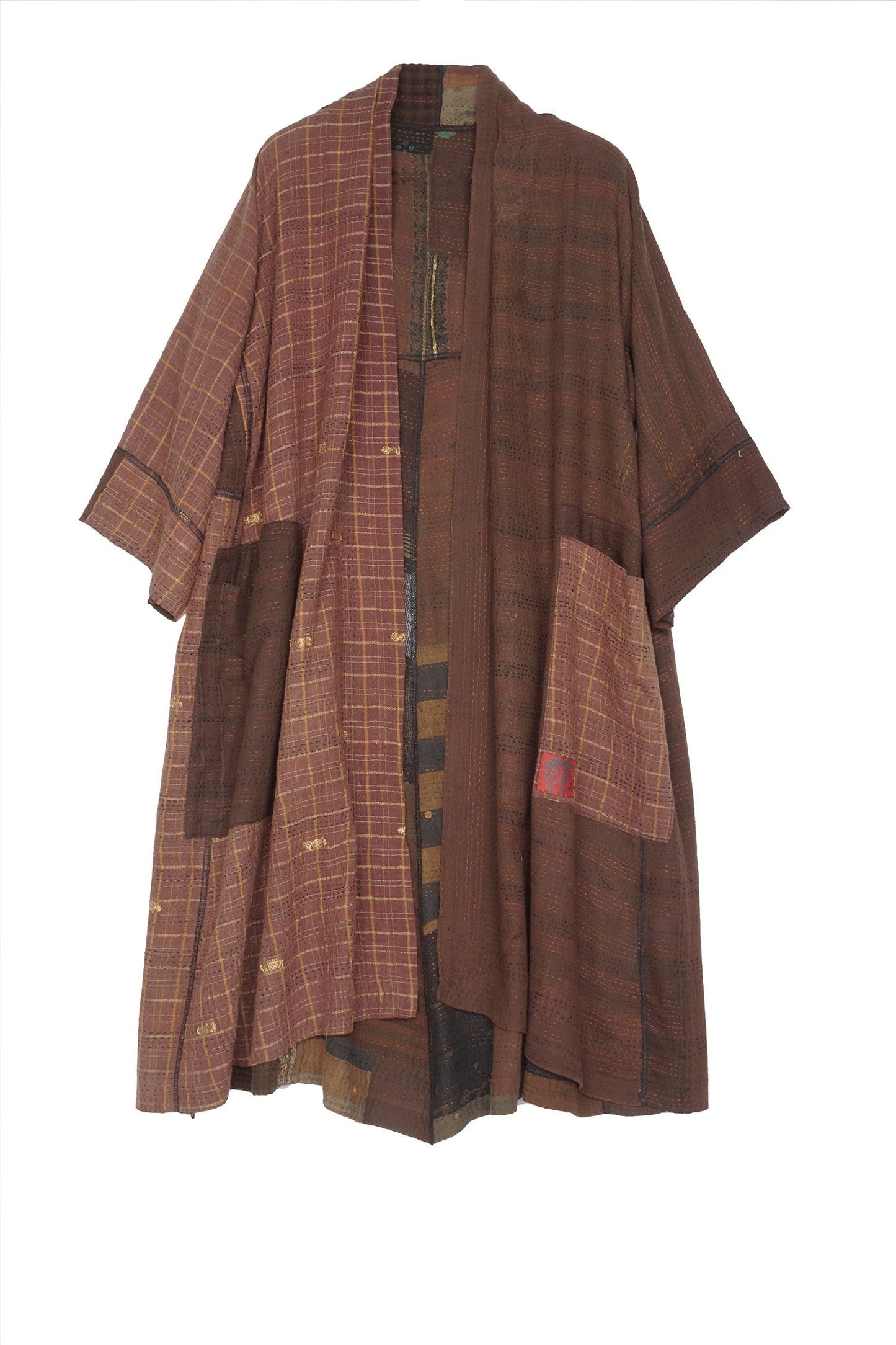 BROCADE PATCHED KANTHA 3/4 SLV. A-LINE DUSTER - bp2324-brn -