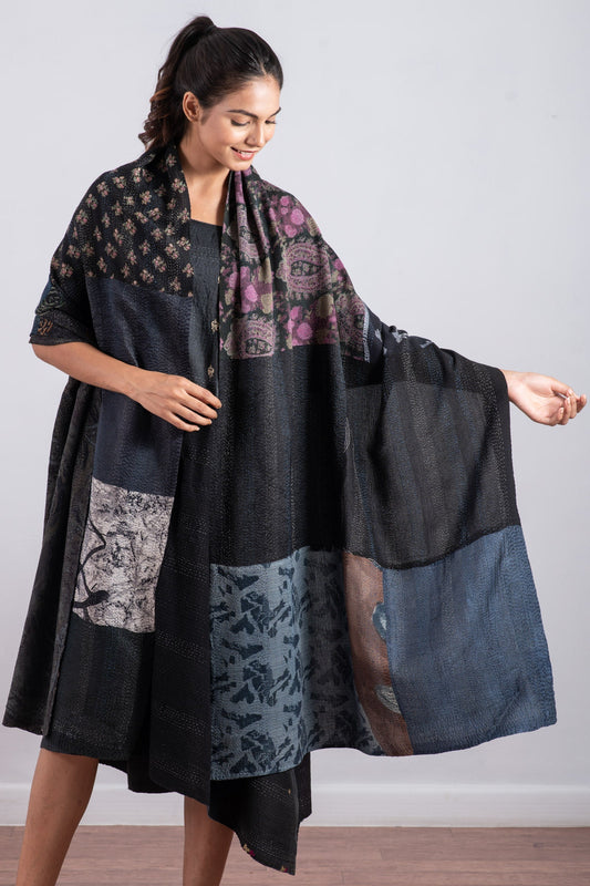 GEORGETTE VINTAGE SILK PATCH KANTHA SHAWL LARGE - gs2803-blk -