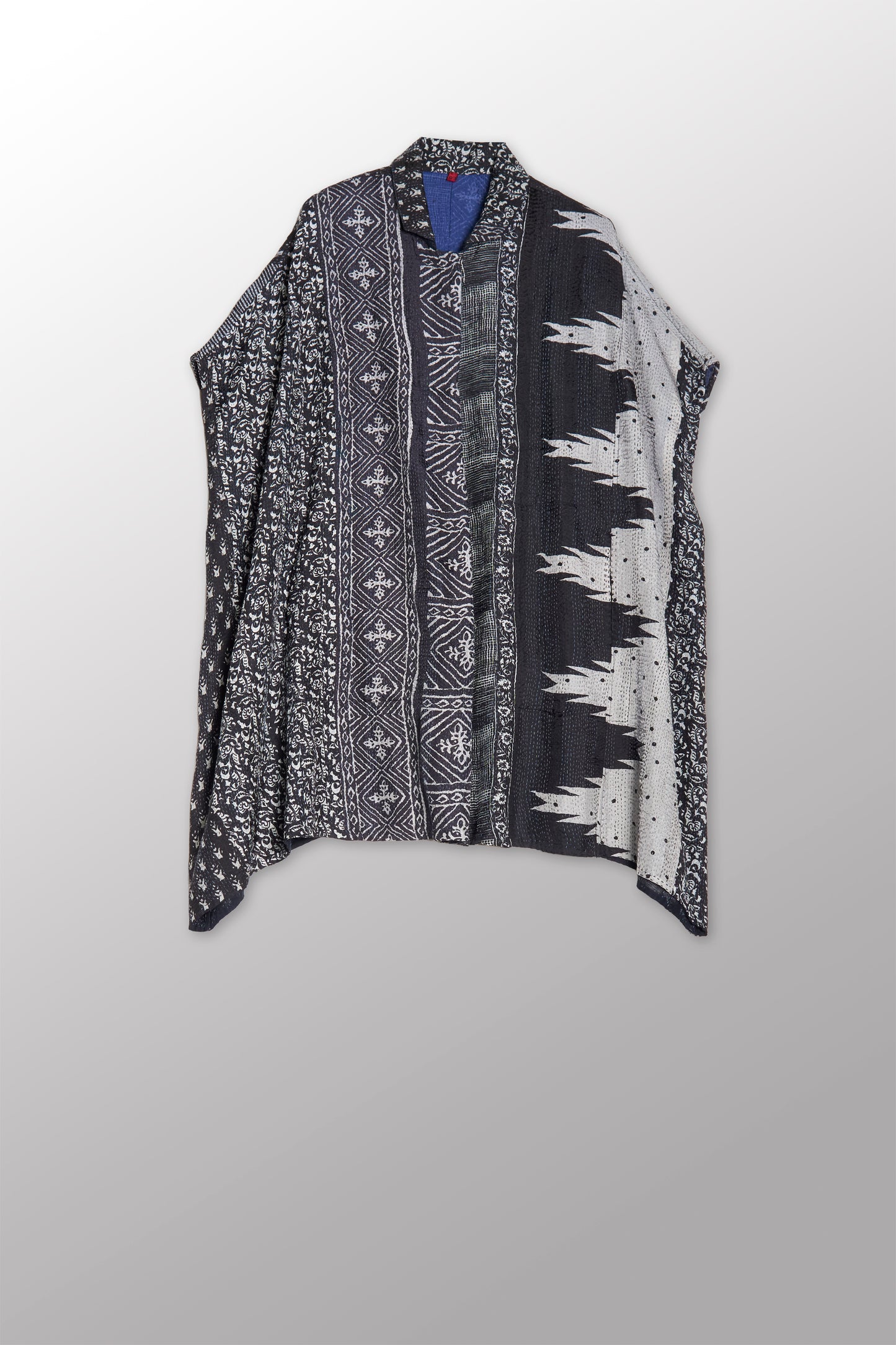 SILK COTTON OMBRE PRINT KANTHA SHIRT PONCHO - os2545-blk -