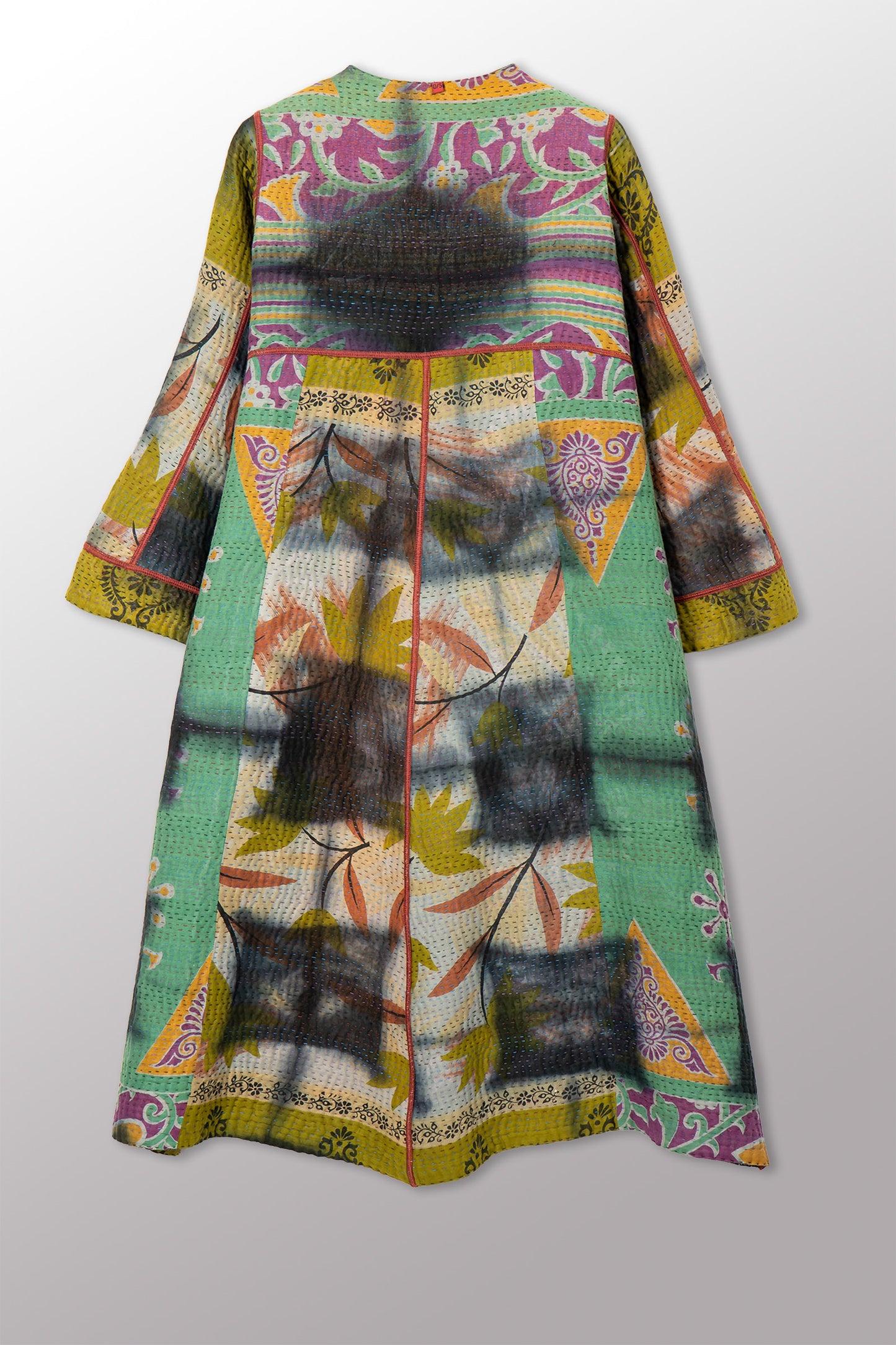 VINTAGE COTTON GREY CLAMP TIE DYE KANTHA WRAP FLARE COAT - su4330-0001a -