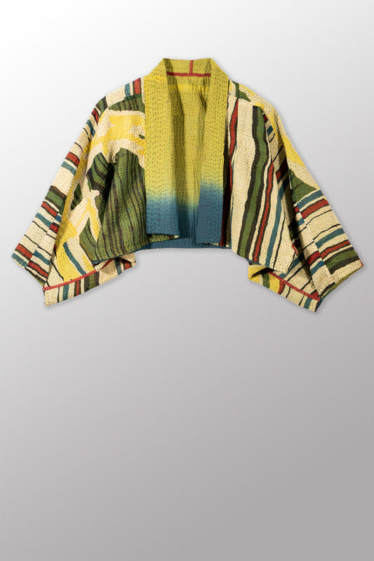 STRIPE AND BENDS KANTHA PUFF SLV. SHRUG - sb4062-grn -