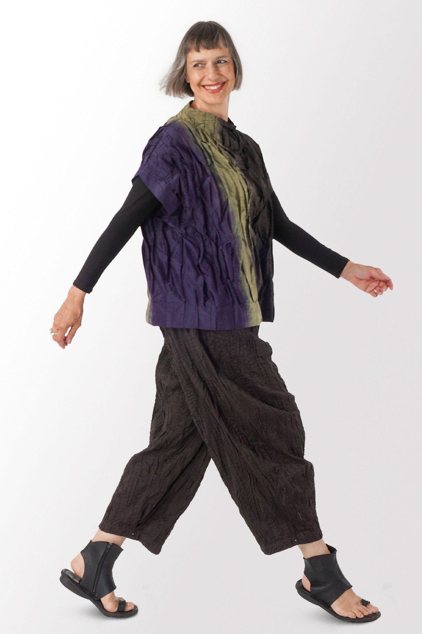 DYED COTTON SILK HEAVY VOILE WAVY TUCK PULLOVER VEST - dh1242-ogr -