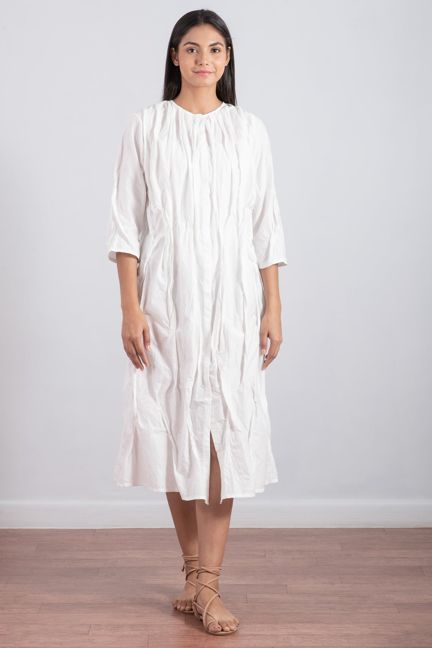 DYED COTTON SILK HEAVY VOILE WAVY TUCK CROPPED SLV. DRESS - dh1434-wht -