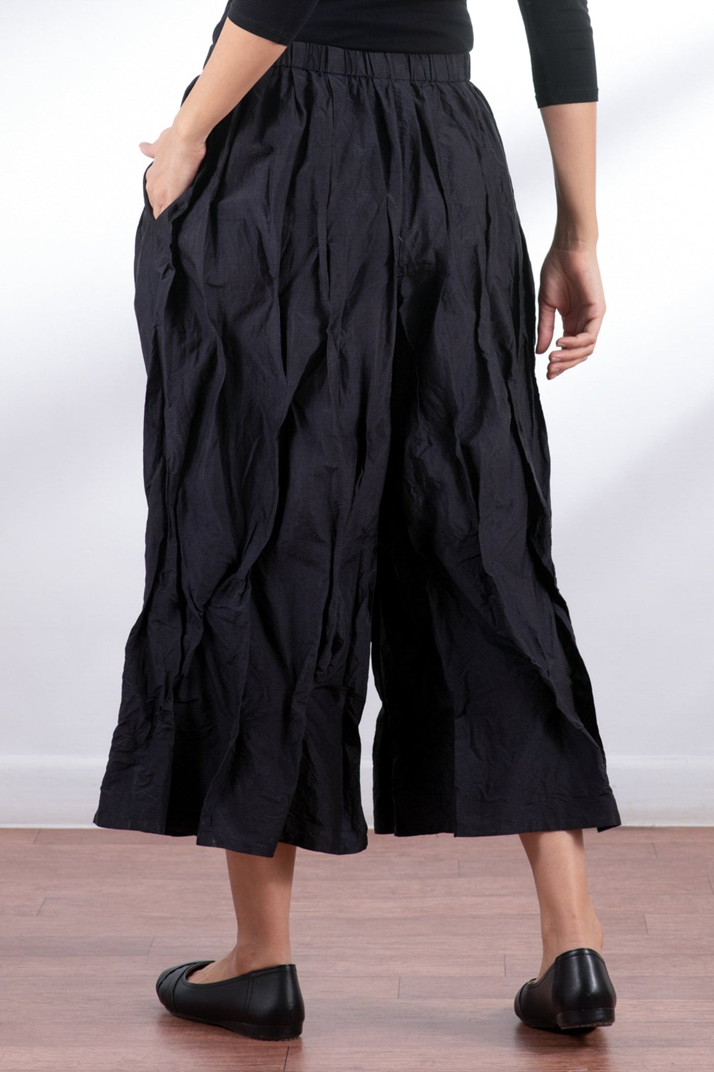 DYED COTTON SILK HEAVY VOILE WAVY TUCKED PANTS - dh1635-blk -
