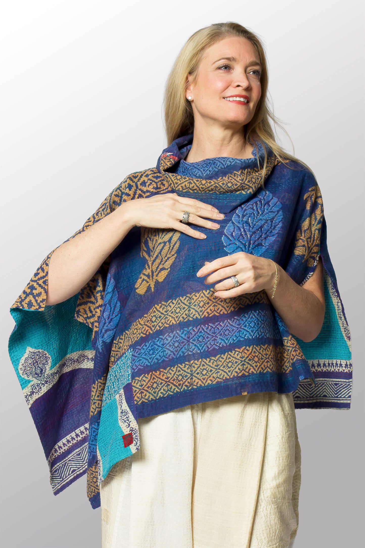 VINTAGE COTTON KANTHA COWL NECK LONG CAPE - cv2842-0001a -