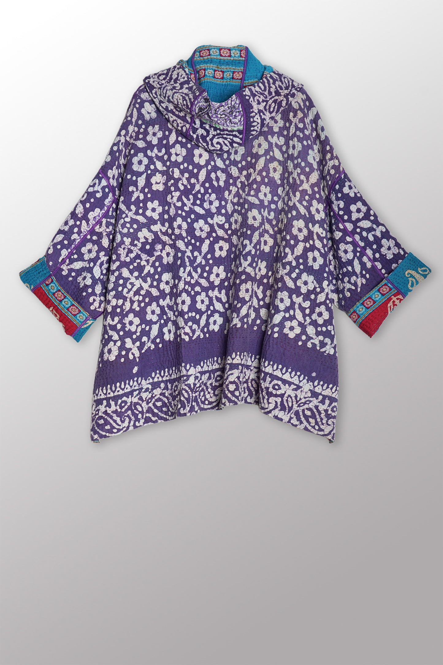 VINTAGE COTTON KANTHA HOODIE PONCHO - cv4064-0032a -