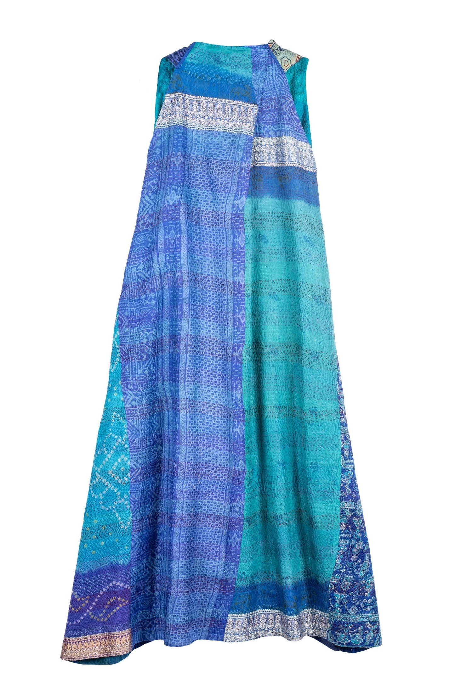 VINTAGE SILK PATCH KANTHA BACK PLEATED VEST MAXI - vp2222-blu -
