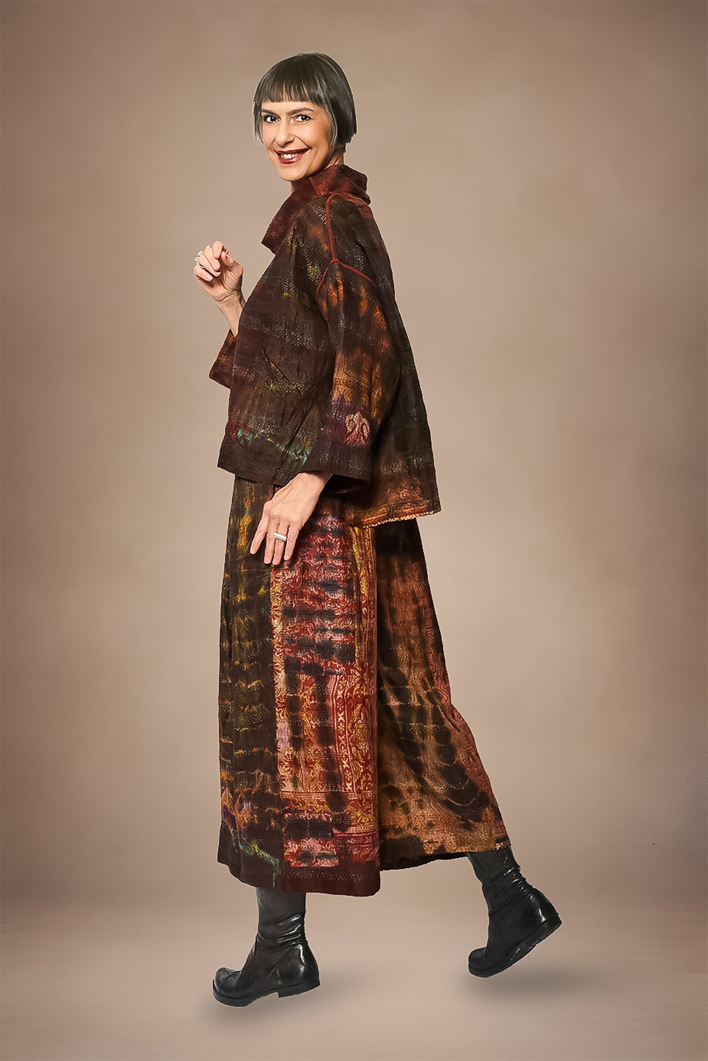 TIE DYE VINTAGE SILK KANTHA COWL PULLOVER - st-sv2547-brn -