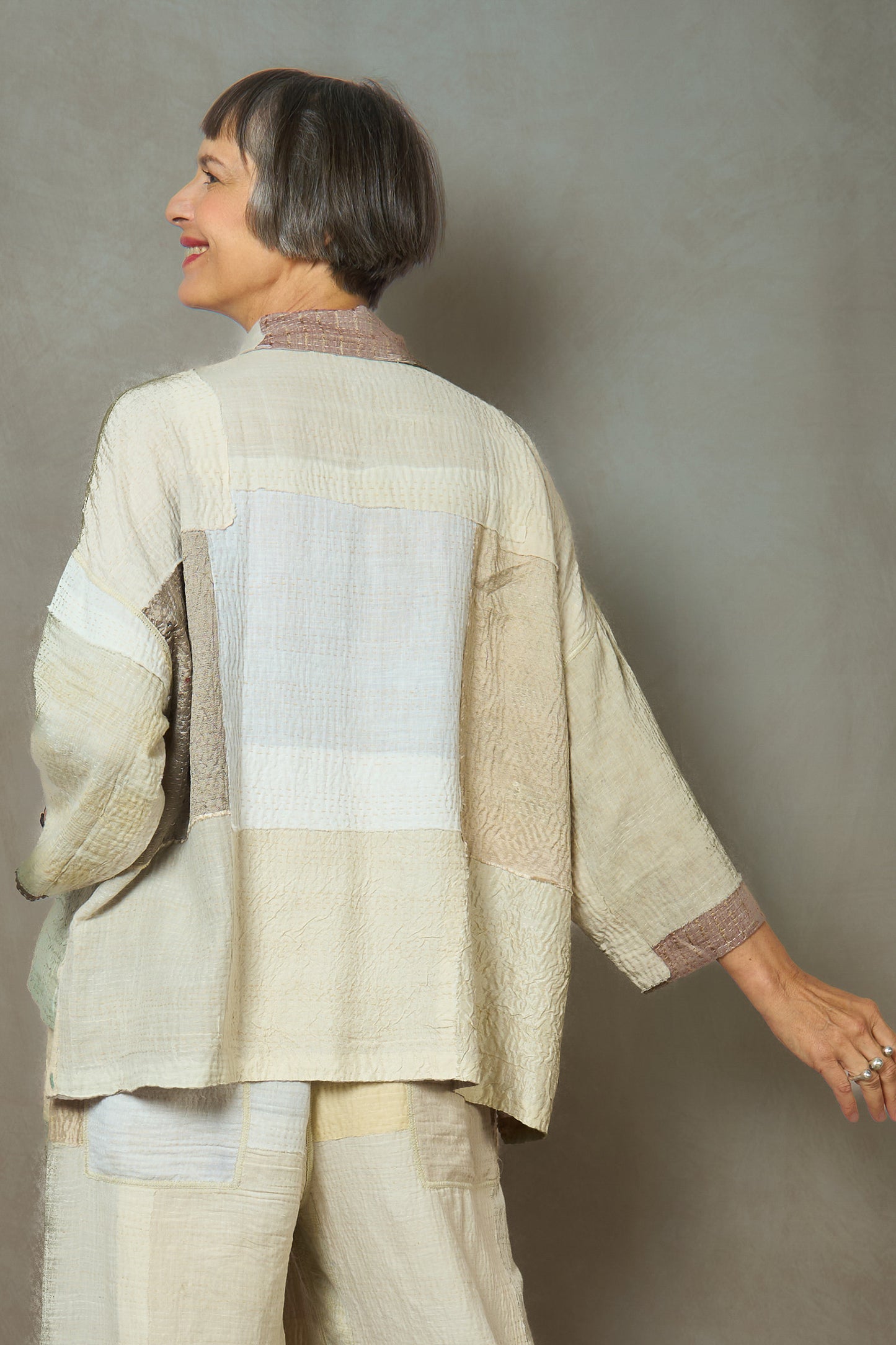 MOSAIC FRAY PATCH KANTHA CROPPED TENT SHIRT - zb2596-ivy -