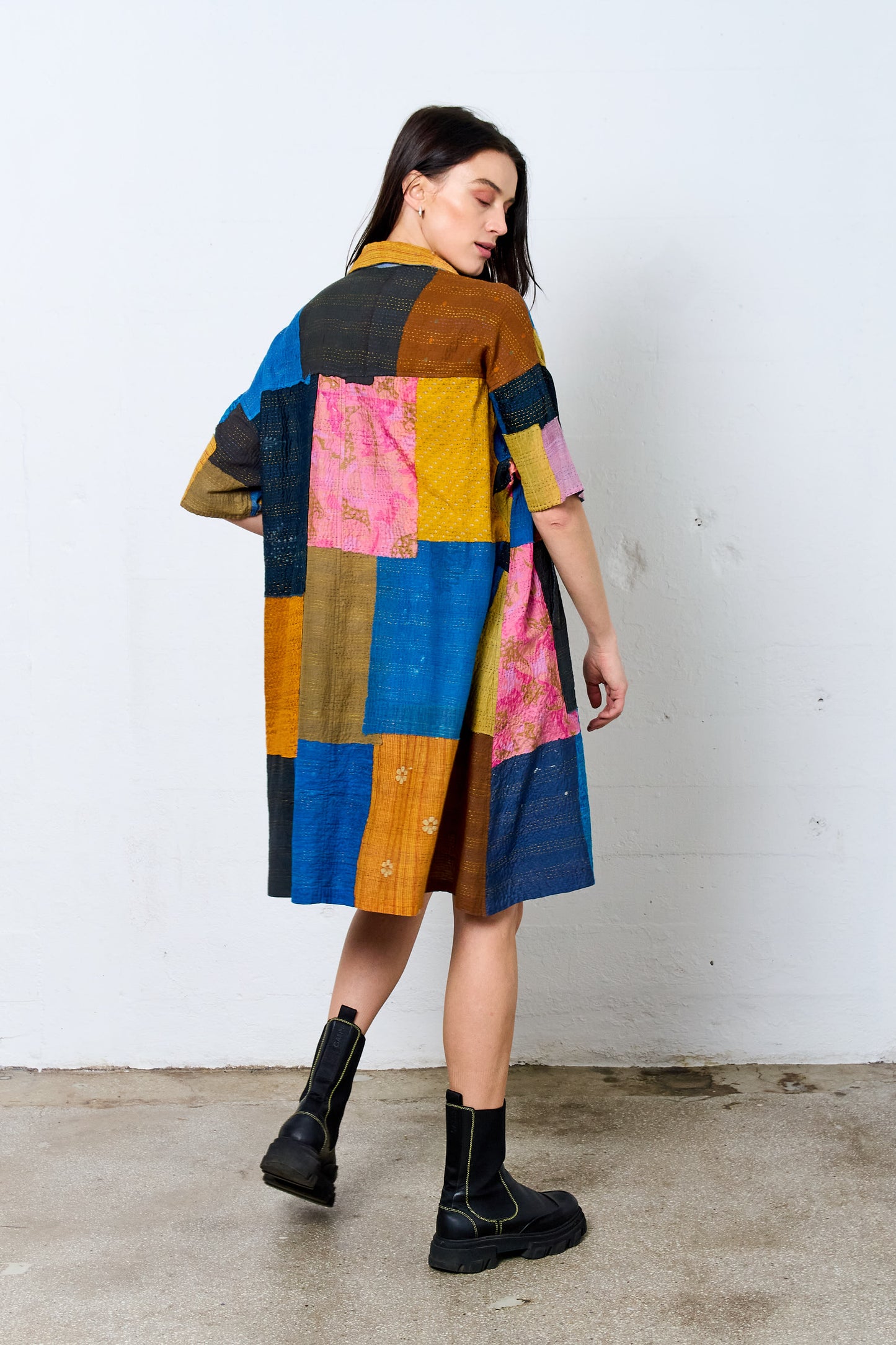 MOSAIC FRAY PATCH KANTHA HALF SLV. SHIRT DRESS - zb2429-mlt -