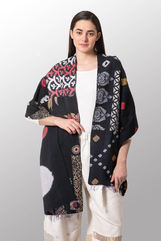 PATCH & CIRCLE PRINT KANTHA SCARF STANDARD - pc2801-blk -