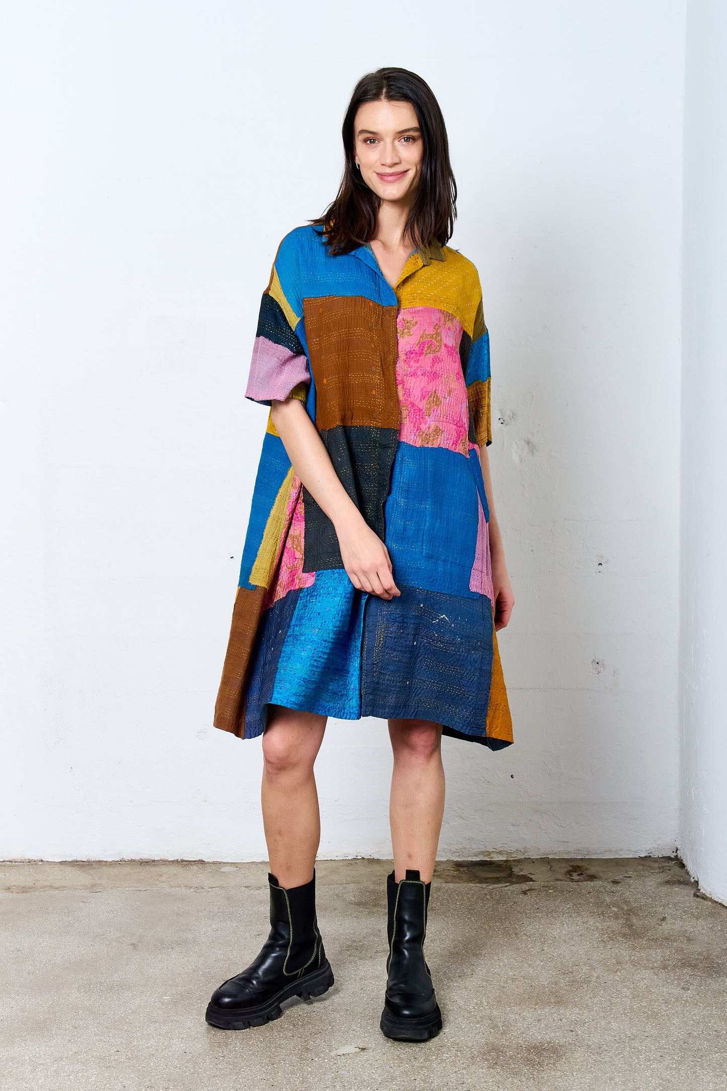 MOSAIC FRAY PATCH KANTHA HALF SLV. SHIRT DRESS - zb2429-mlt -