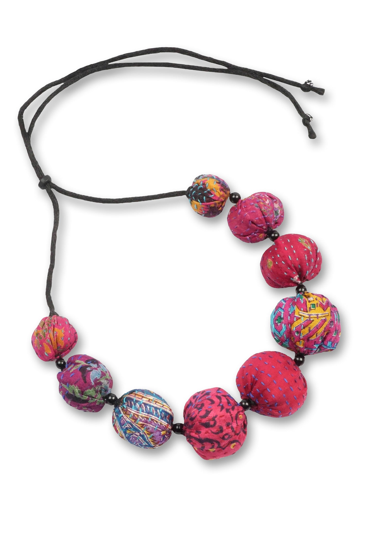 VINTAGE SILK KANTHA NUTS SHORT NECKLACE - sv2700-pik -