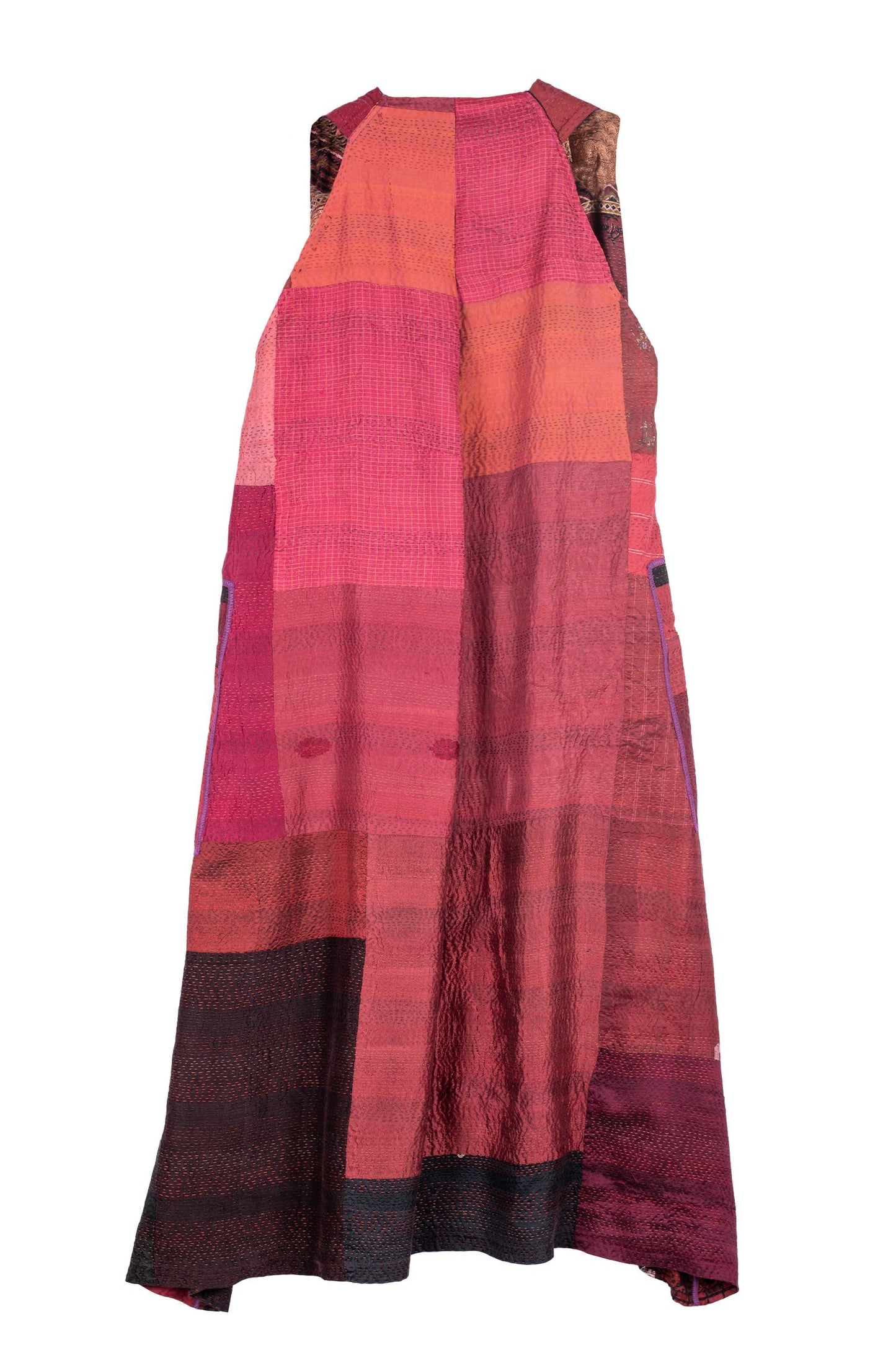 VINTAGE SILK PATCH KANTHA BACK PLEATED VEST MAXI - vp2222-red -
