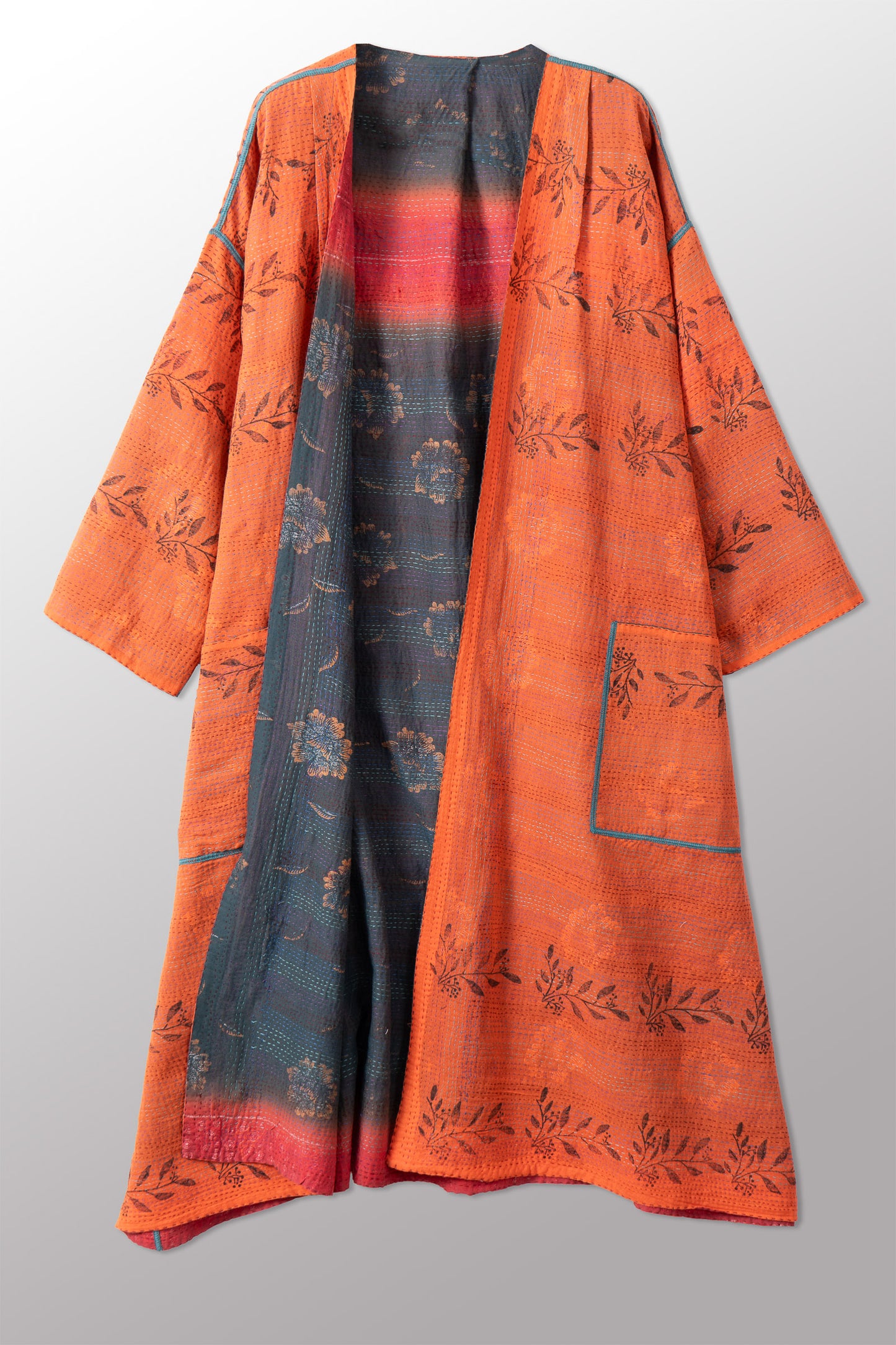 VINTAGE COTTON & NEW VOILE KANTHA LONG DUSTER - cn2328-0001a -