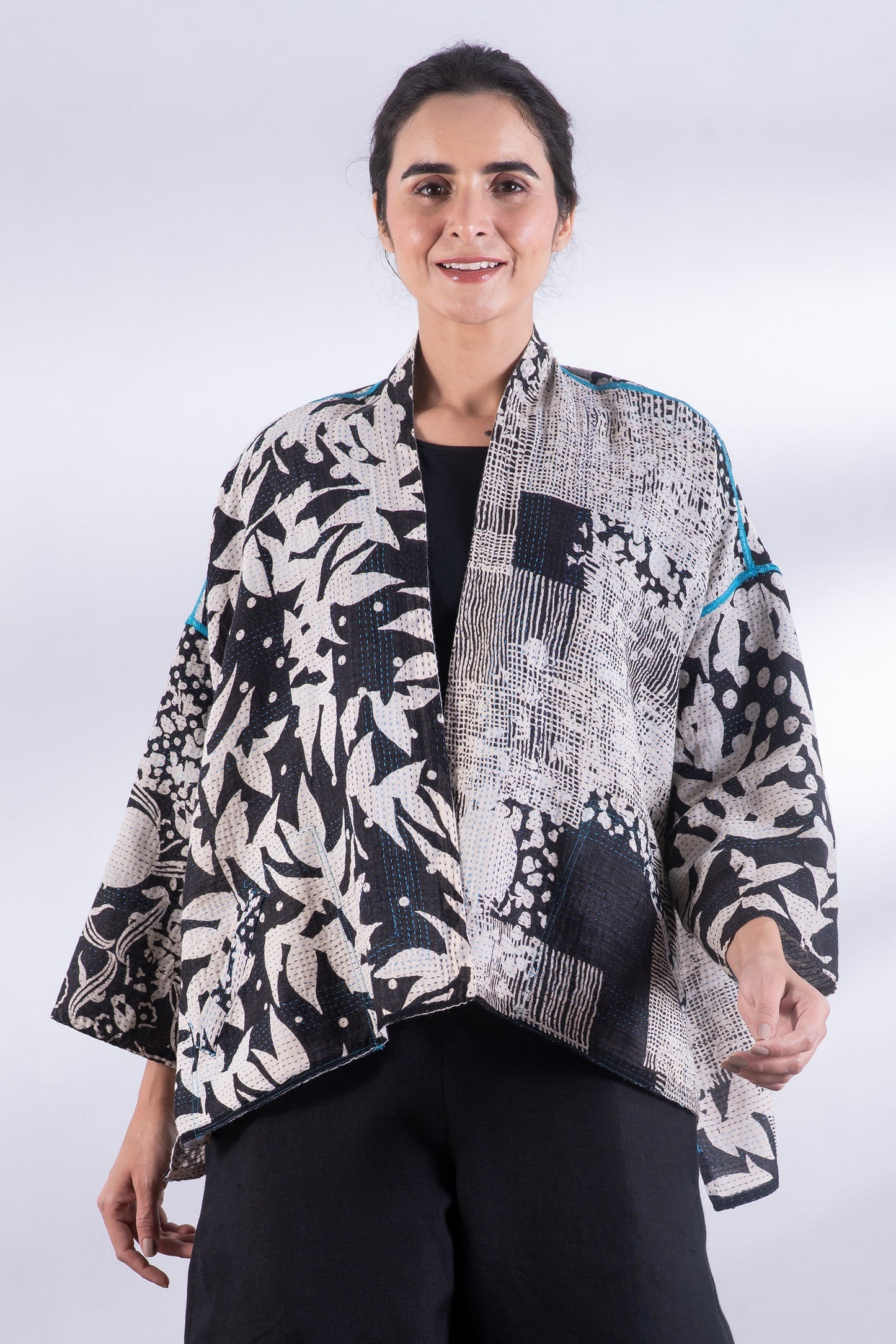MONOTONE TWILIGHT PRINT KANTHA MINI KIMONO JKT - tp2055-blk -
